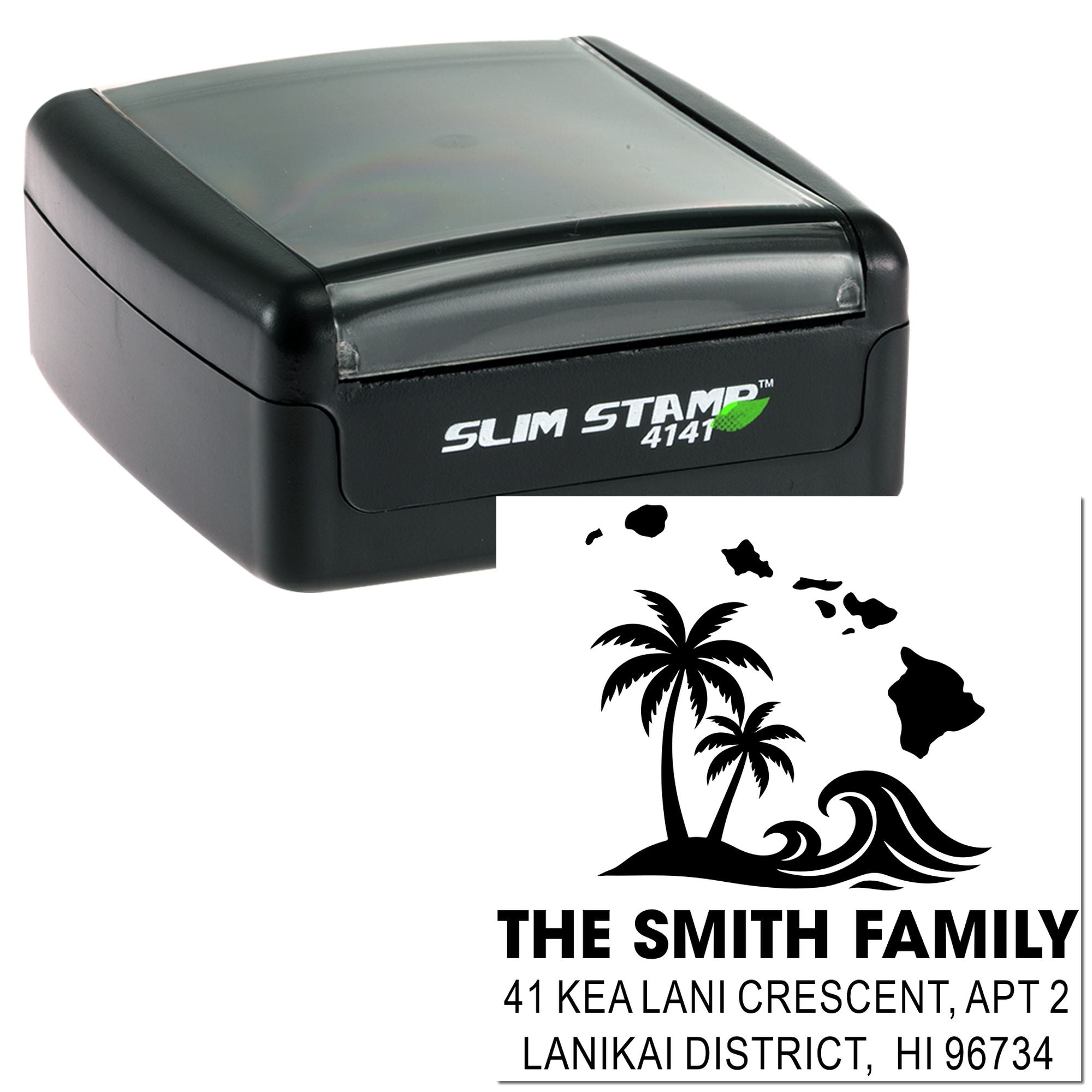 Slim Stamp 4141 custom self-inking rubber stamp with Hawaii palm tree address design for The Smith Family mailing labels.