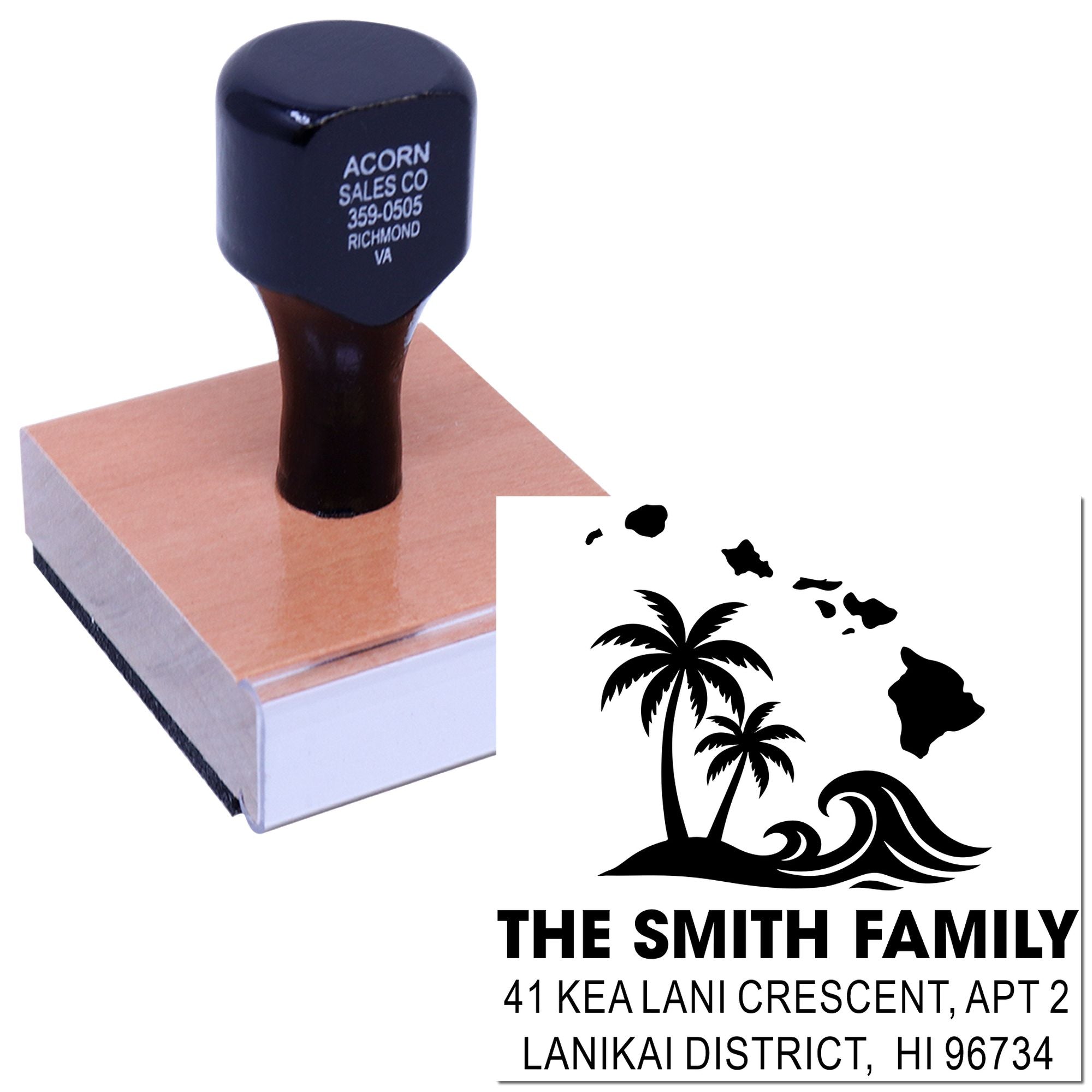 Custom self-inking rubber return address stamp with tropical island family logo and Hawaii address imprint.