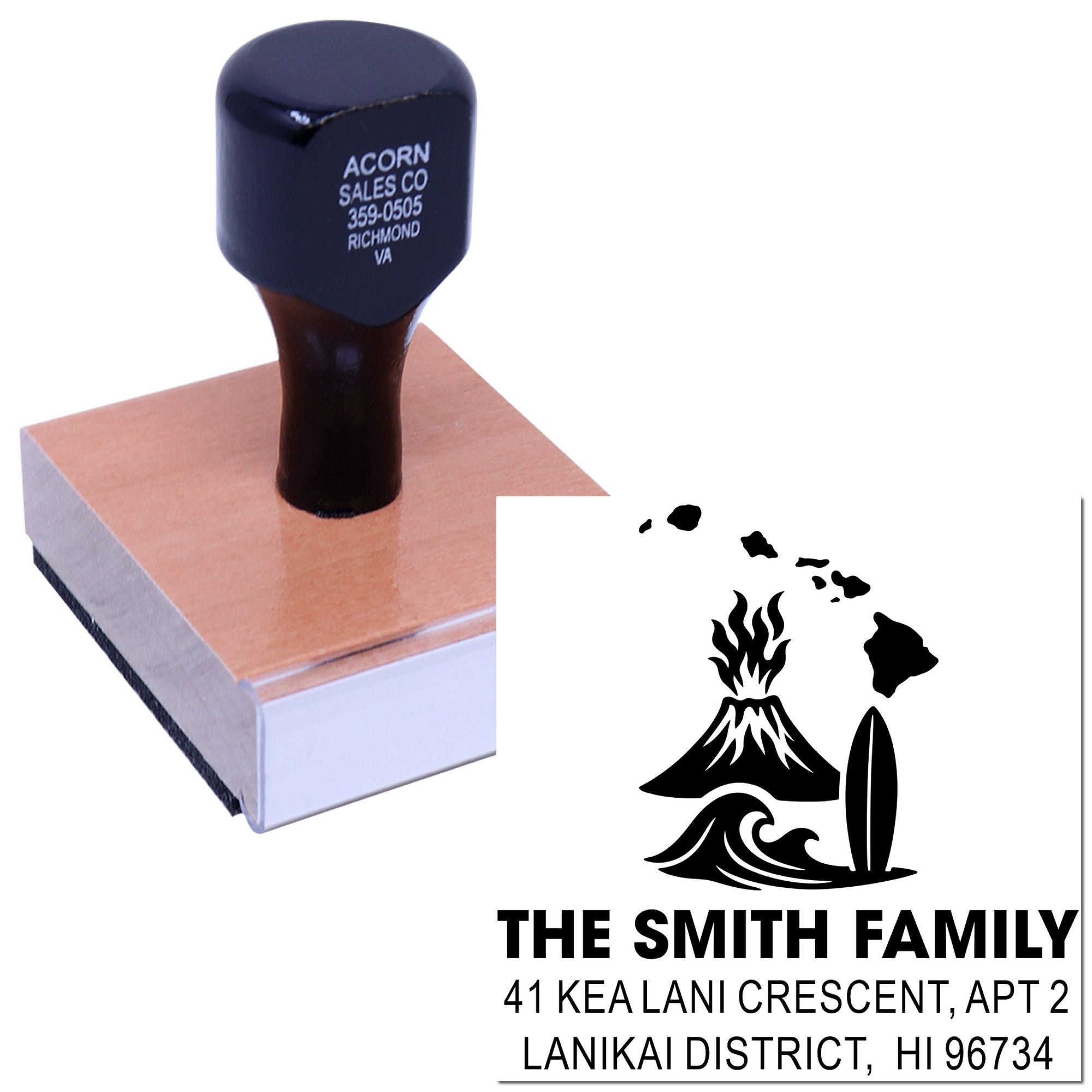 Custom rubber stamp for return addresses, featuring Hawaii surf and volcano design and The Smith Family imprint.