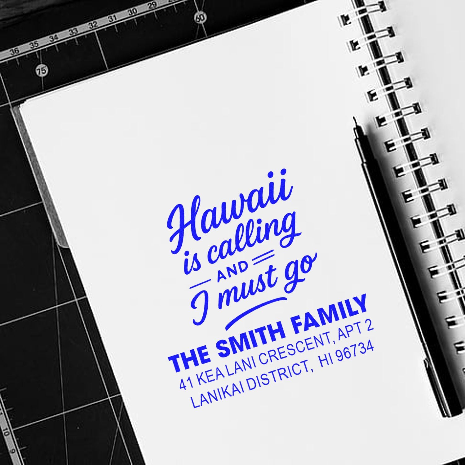 Custom Hawaii return address rubber stamp with travel quote for personalized family mail and vacation-themed envelopes.