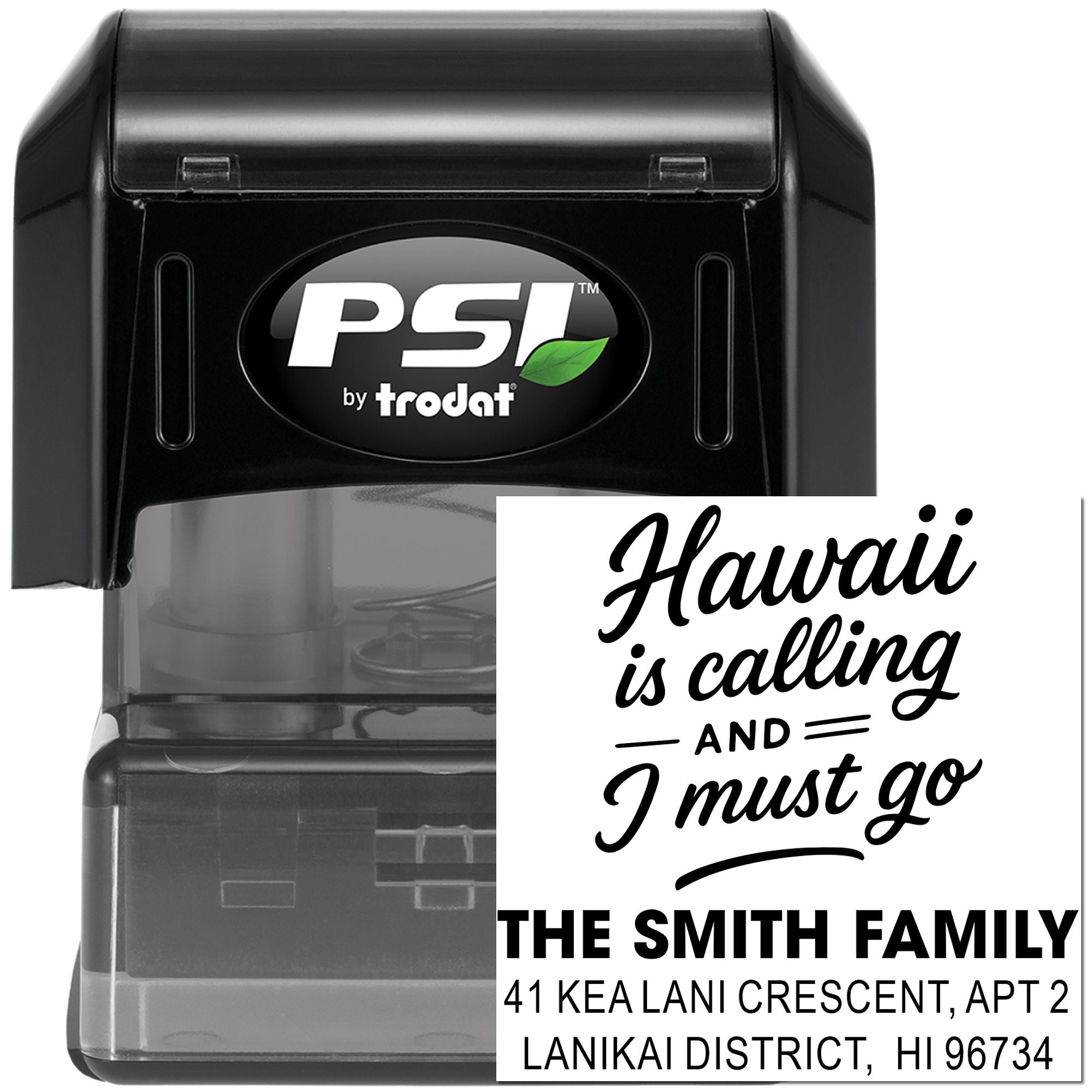 Custom self-inking rubber address stamp with Hawaii quote and return address, ideal for mail and crafts.