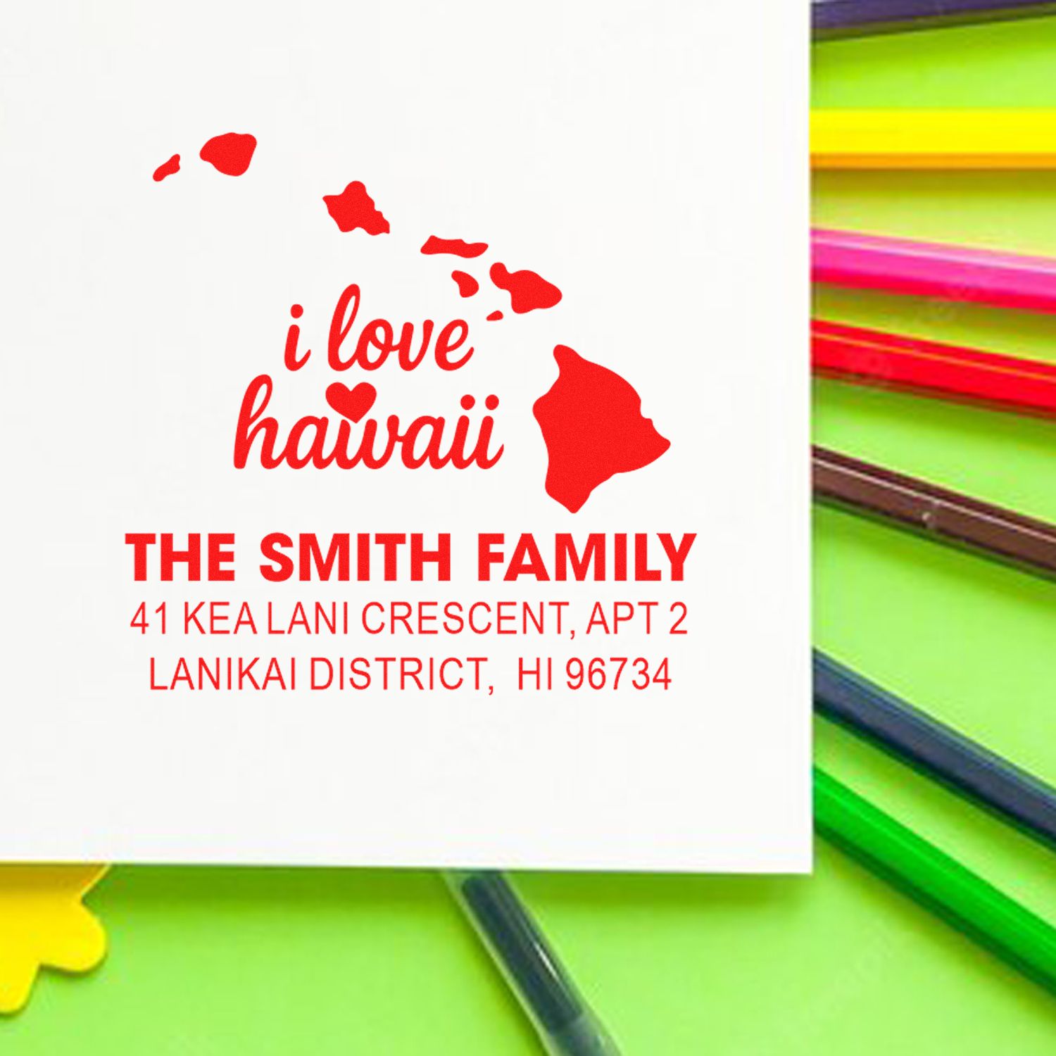 Custom Hawaii address rubber stamp with I love Hawaii design and personalized family mailing address.