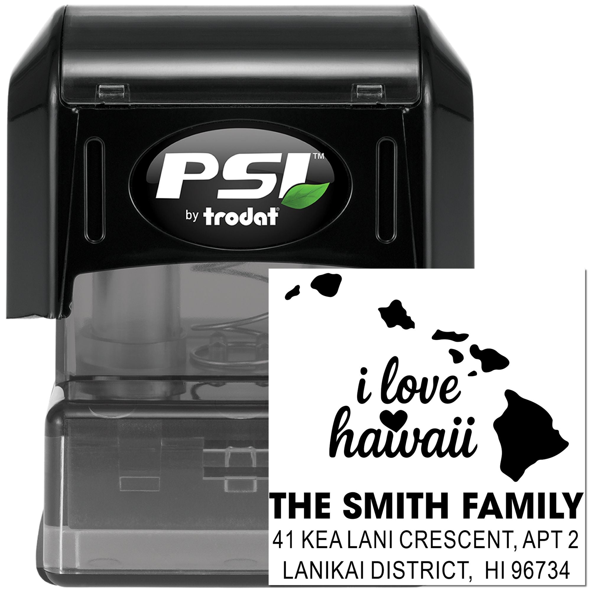 Custom self-inking rubber address stamp with Hawaii I love Hawaii design for The Smith Family.