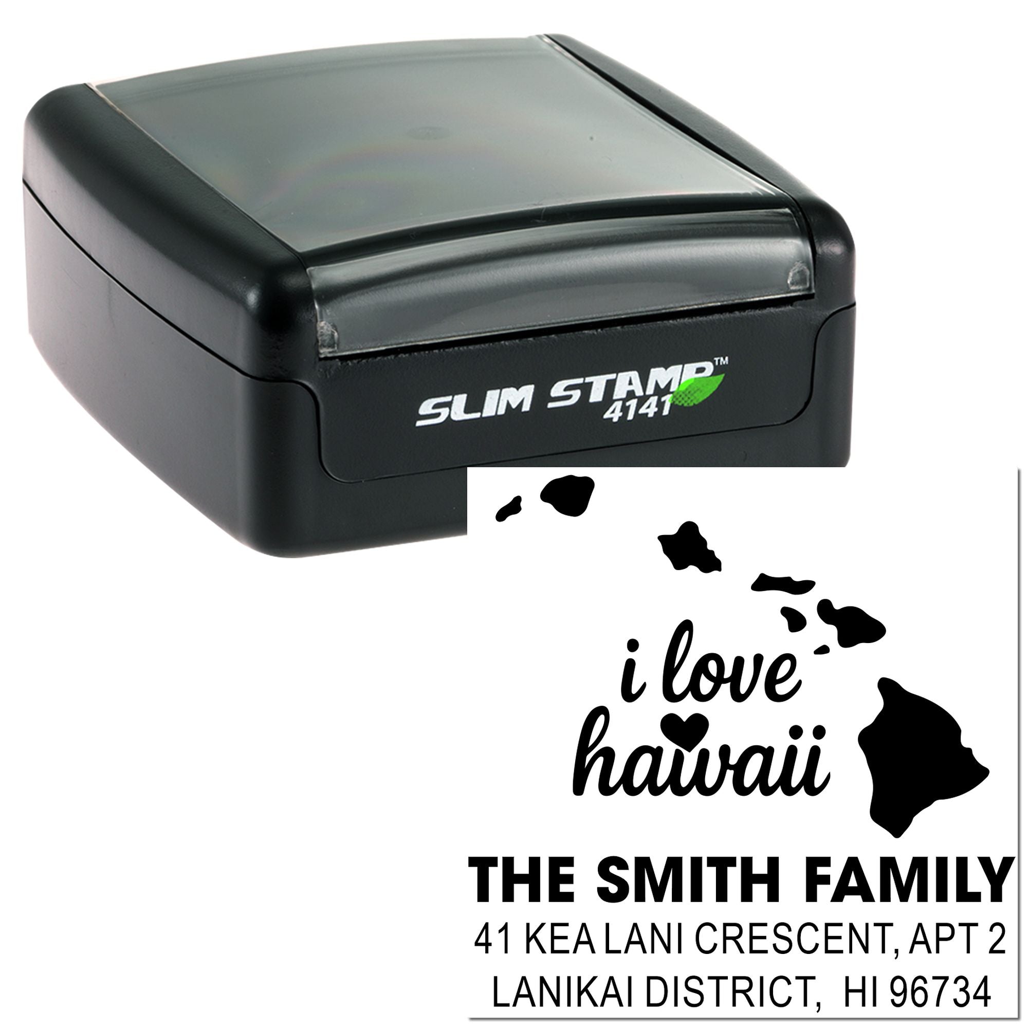 Slim Stamp 4141 self-inking rubber stamp with custom Hawaii return address design for family mail.