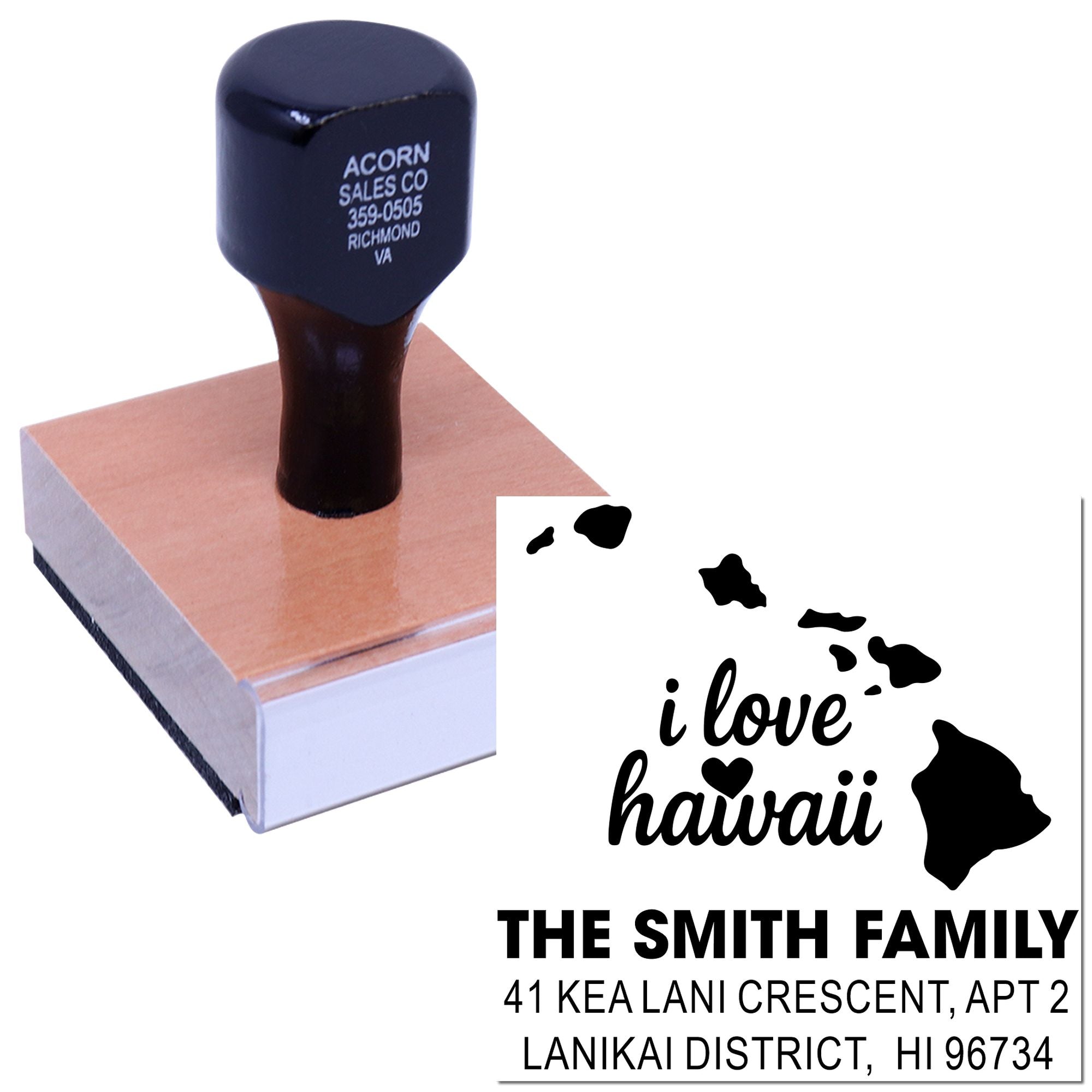 Custom rubber return address stamp with Hawaii design for The Smith Family mailing and personalized stationery.