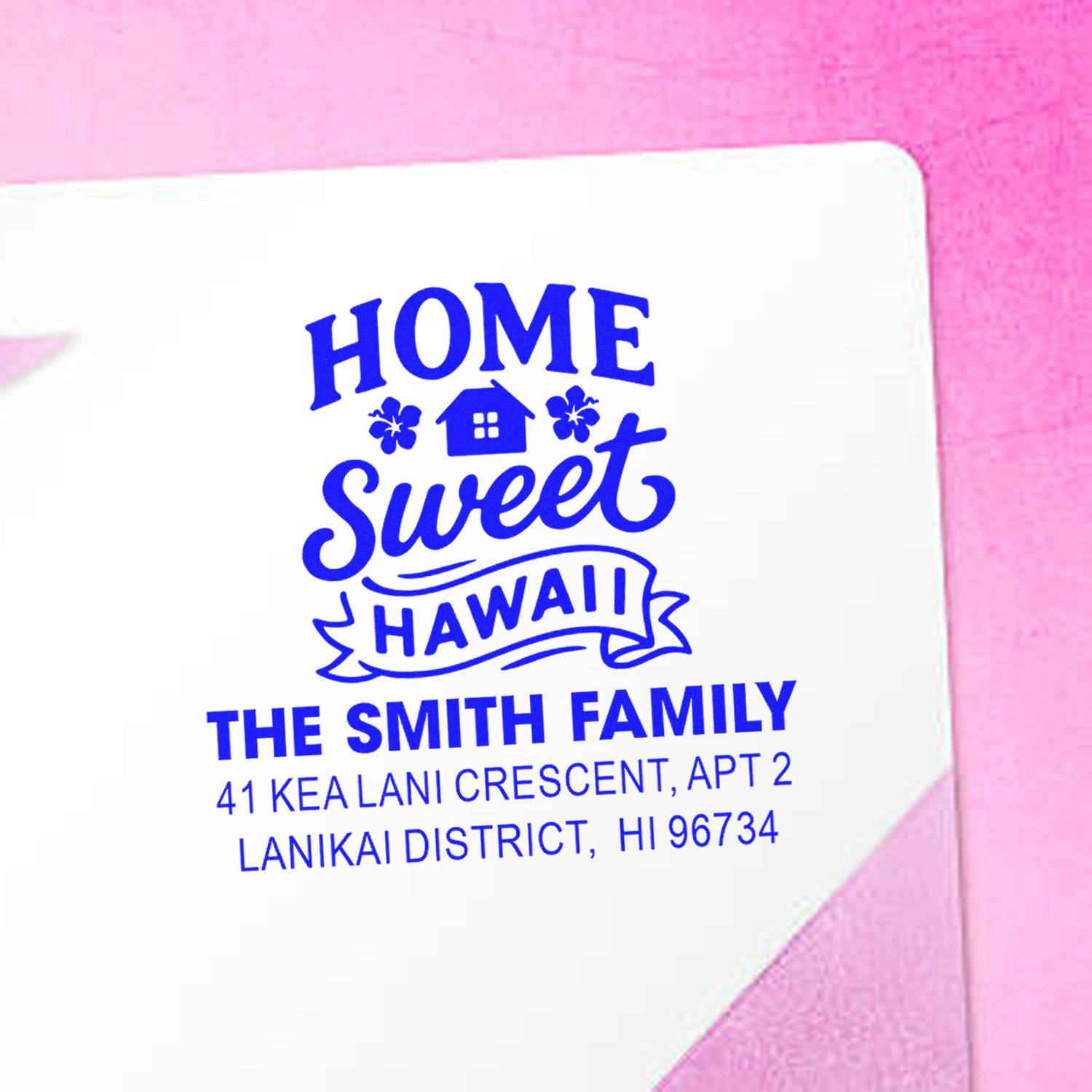 Personalized Home Sweet Hawaii return address rubber stamp for The Smith Family, custom mail and stationery.