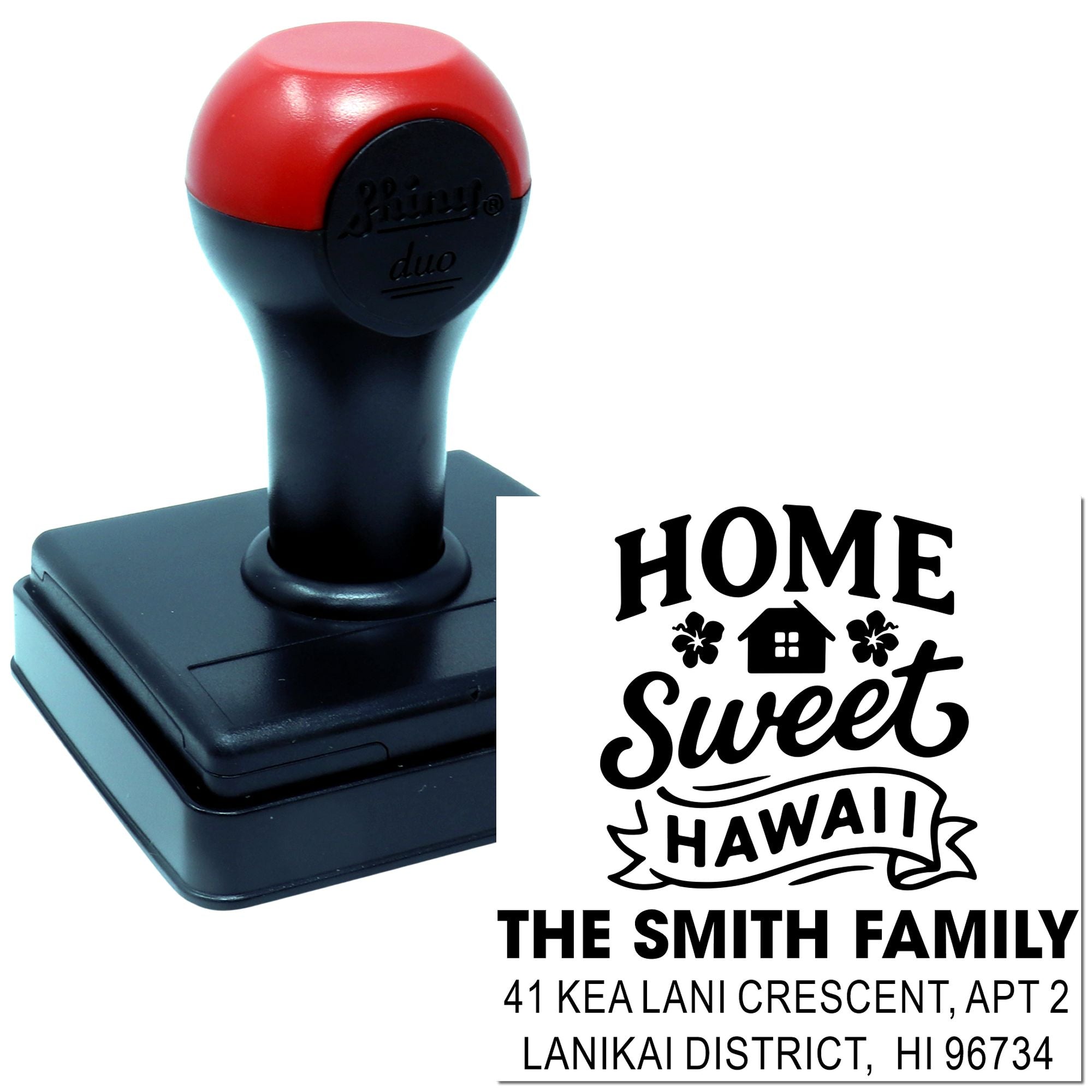 Custom self-inking rubber stamp with Home Sweet Hawaii return address design for the Smith family and mailing envelopes.