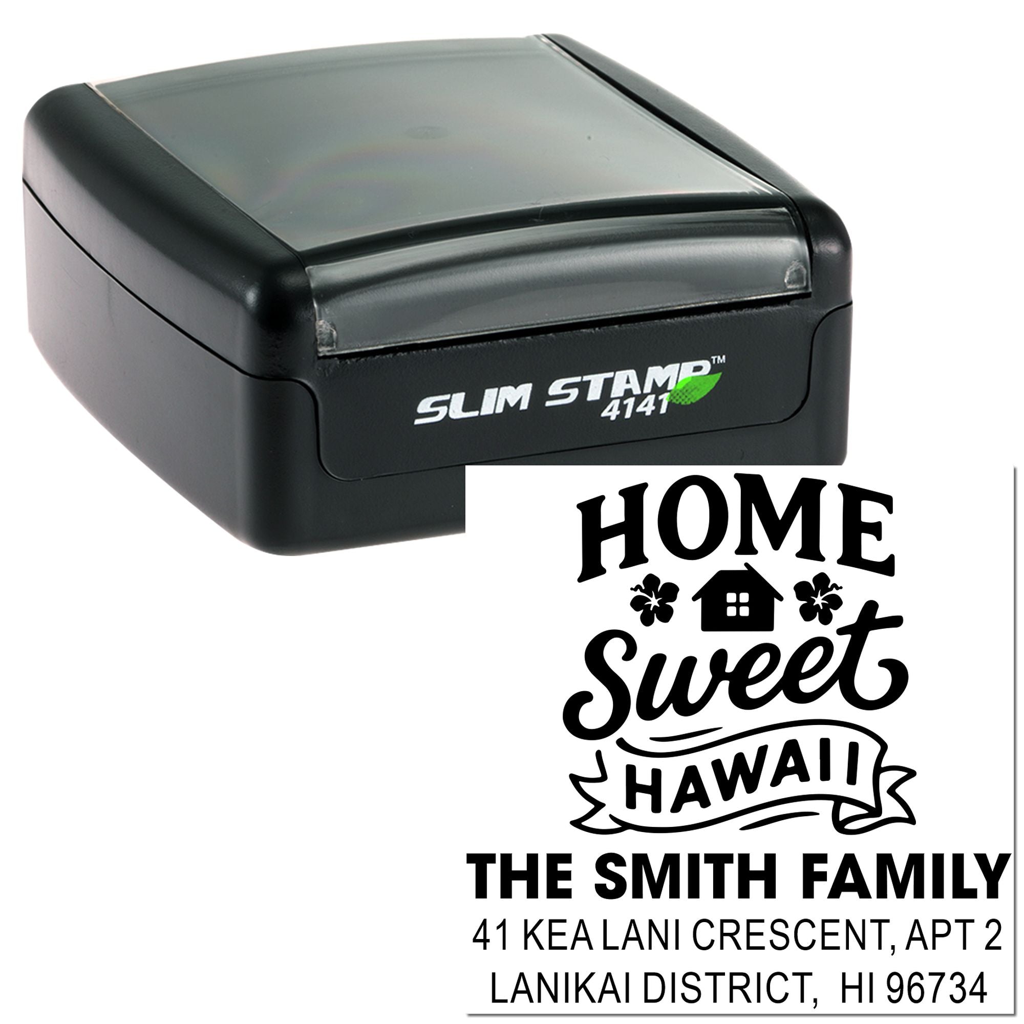 Slim self-inking rubber stamp with custom return address design reading Home Sweet Hawaii for family mail and home address labeling.