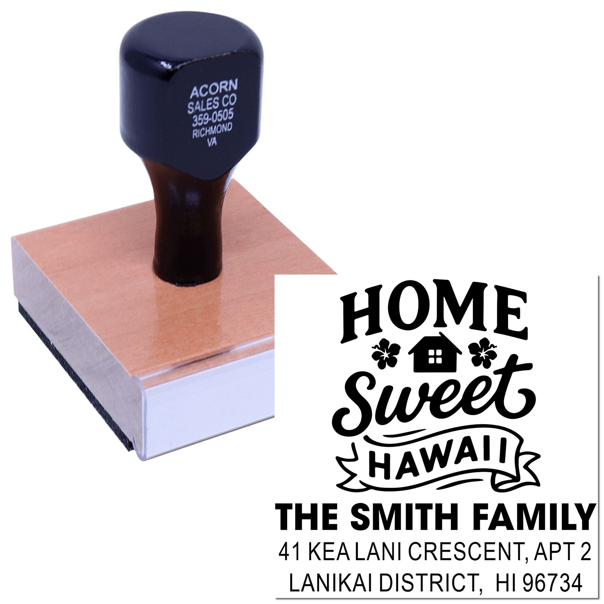 Personalized custom rubber address stamp featuring Home Sweet Hawaii design for The Smith Family, ideal for mailing and return addresses.