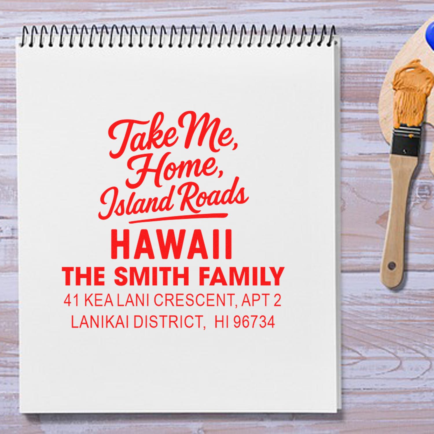 Custom Hawaii family return address rubber stamp with Take Me Home, Island Roads personalized design