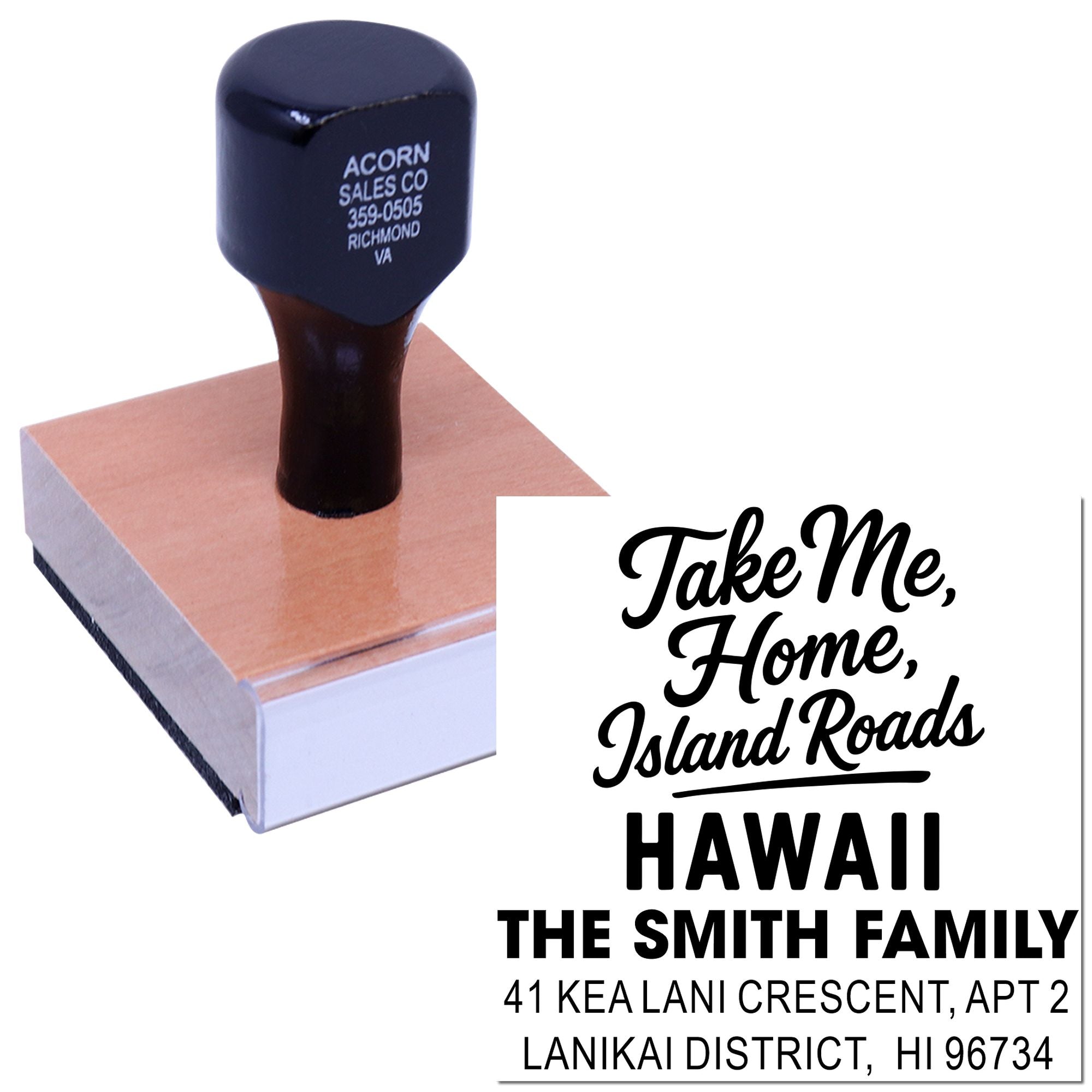 Custom rubber address stamp with Hawaii family return address design and Take Me, Home, Island Roads imprint.