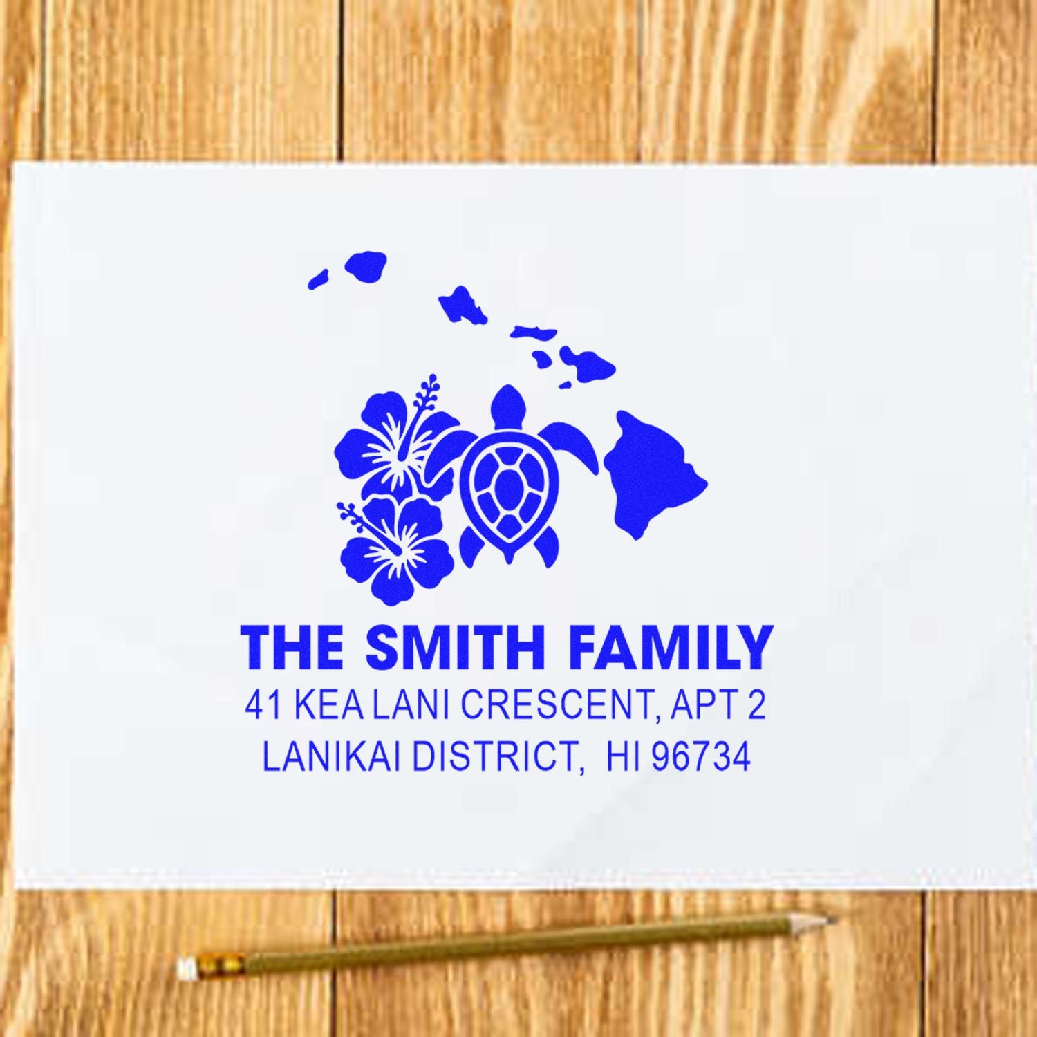 Custom Hawaii return address rubber stamp with sea turtle, hibiscus and island map design for The Smith Family.