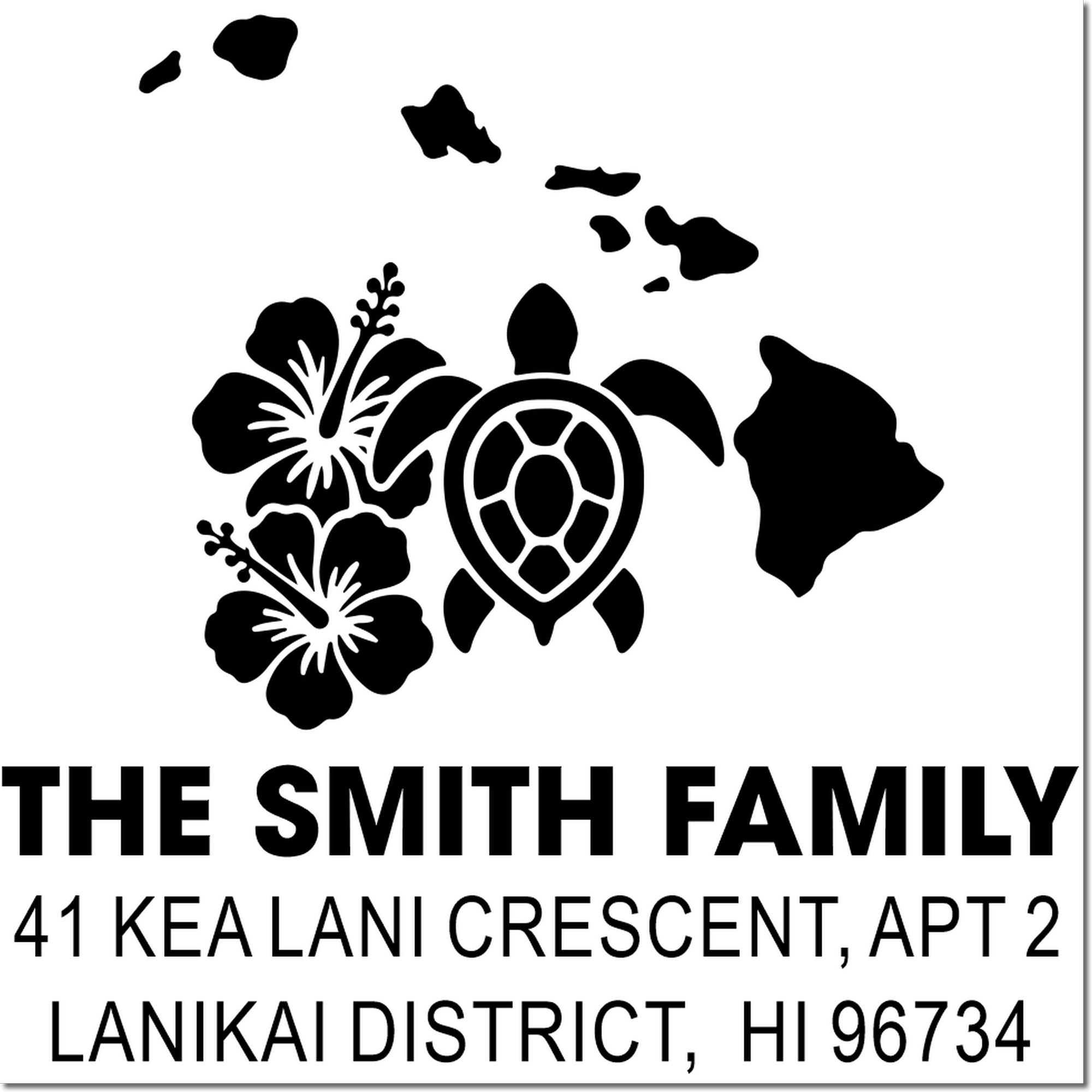 Custom family address rubber stamp with Hawaiian turtle and hibiscus design for The Smith Family, Lanikai District, HI 96734