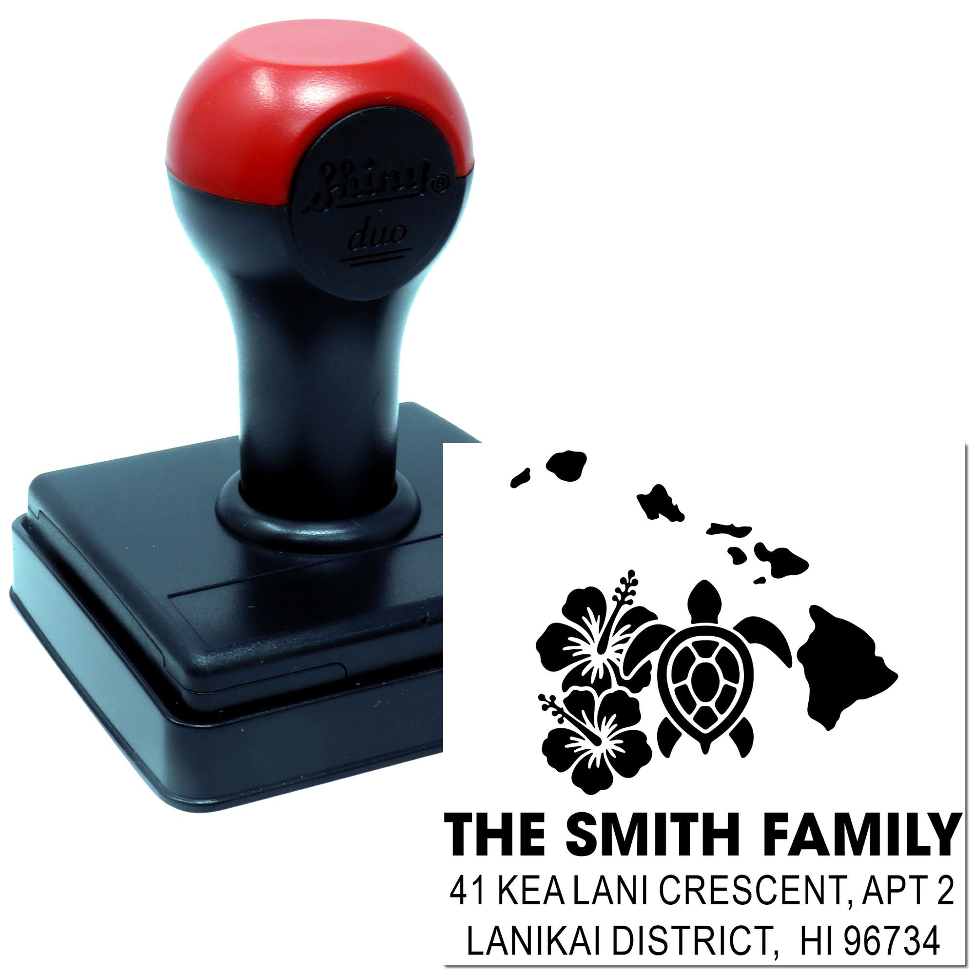Custom self-inking address rubber stamp for The Smith Family Hawaii home with turtle and floral design