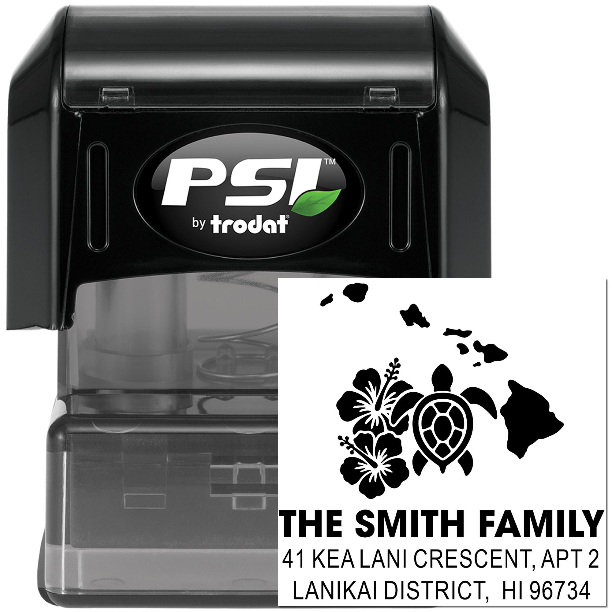 PSI by Trodat custom self-inking rubber stamp with turtle design and Hawaii family address for personalized return address use.
