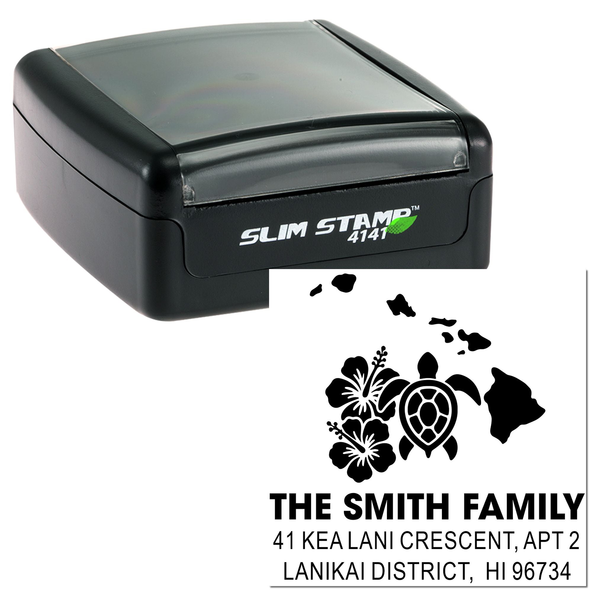 Slim Stamp self-inking custom address rubber stamp with Hawaiian turtle design and The Smith Family return address.