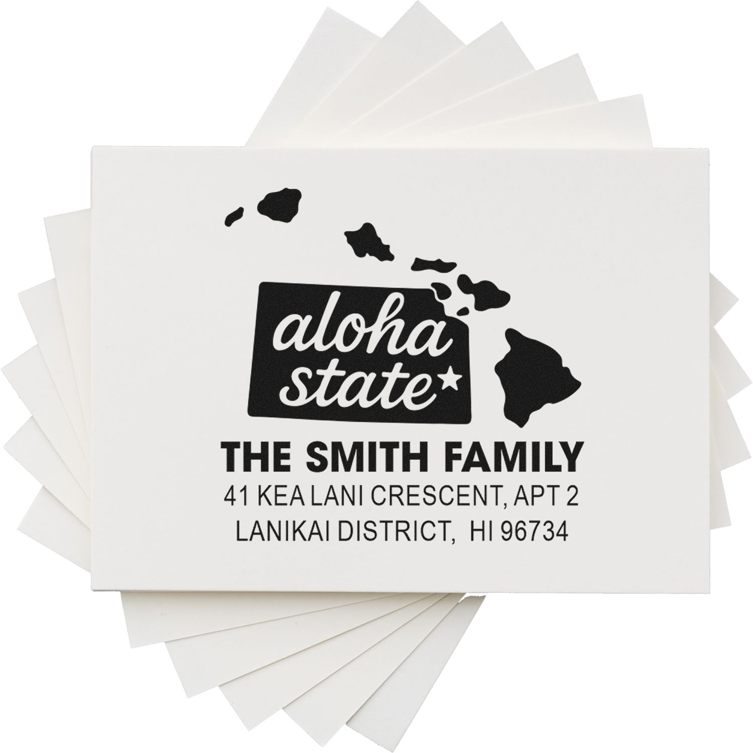 Custom Hawaii return address rubber stamp with Aloha State design for The Smith Family, Lanikai District, HI 96734.