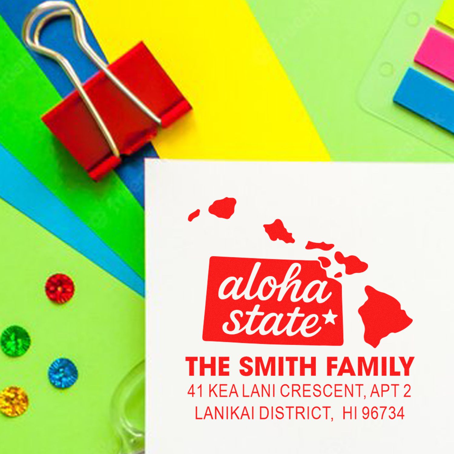 Personalized Hawaii return address rubber stamp featuring Aloha State map and custom family address.