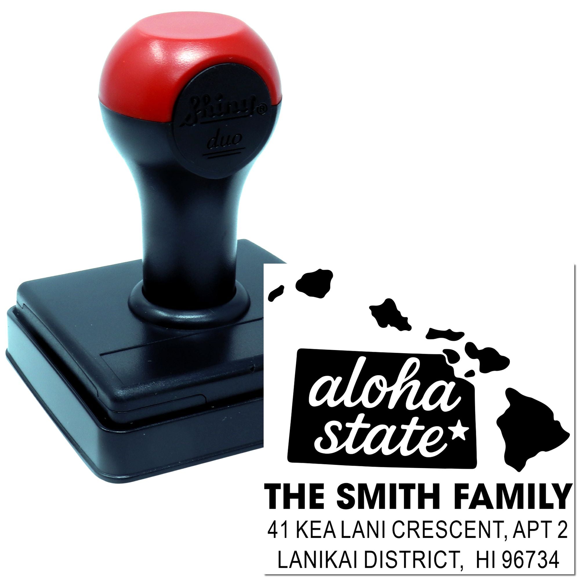 Custom self-inking rubber return address stamp with Hawaii Aloha State design for The Smith Family.
