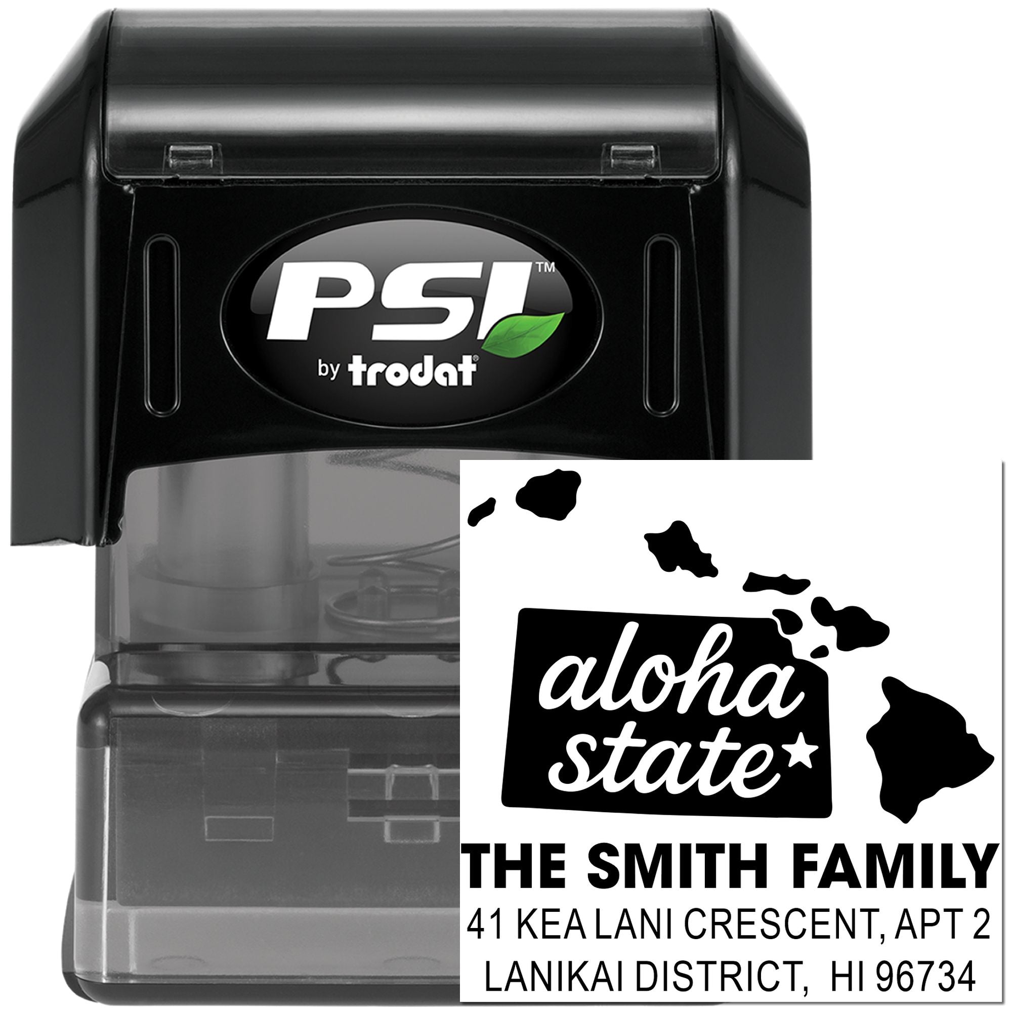 PSI by Trodat self-inking rubber address stamp with Aloha State design and The Smith Family Hawaii return address.