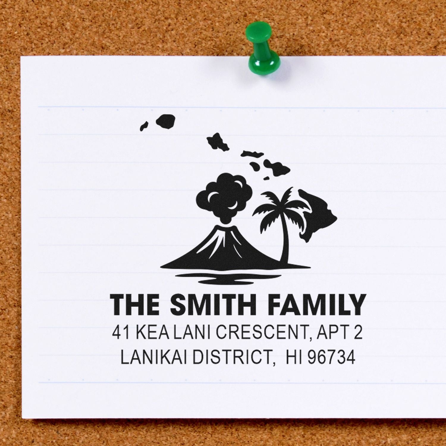 Personalized address rubber stamp with Hawaii volcano and palm tree design for The Smith Family, Lanikai District, HI 96734.