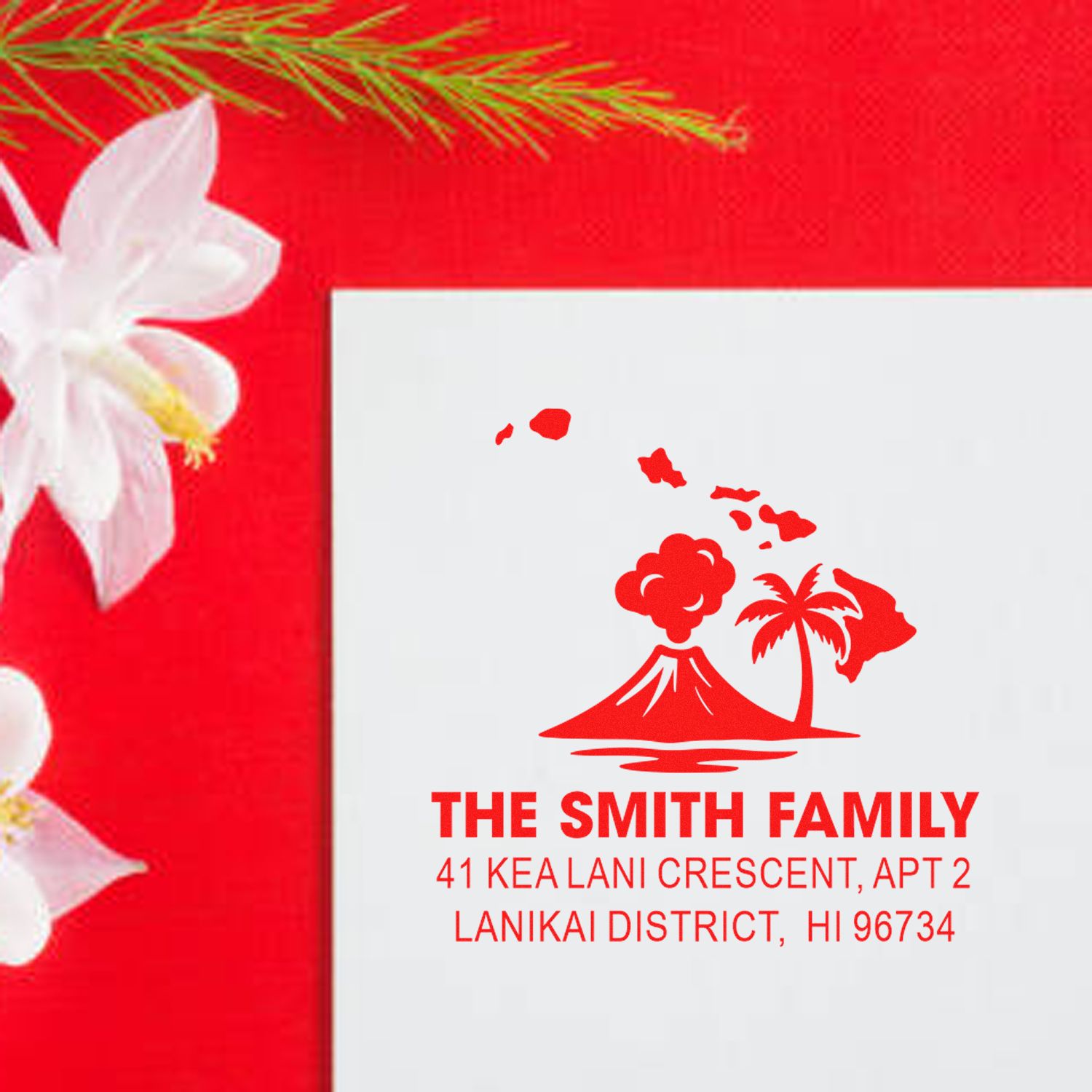 Custom Hawaii return address rubber stamp with family name, volcano and palm tree design for mail and cards