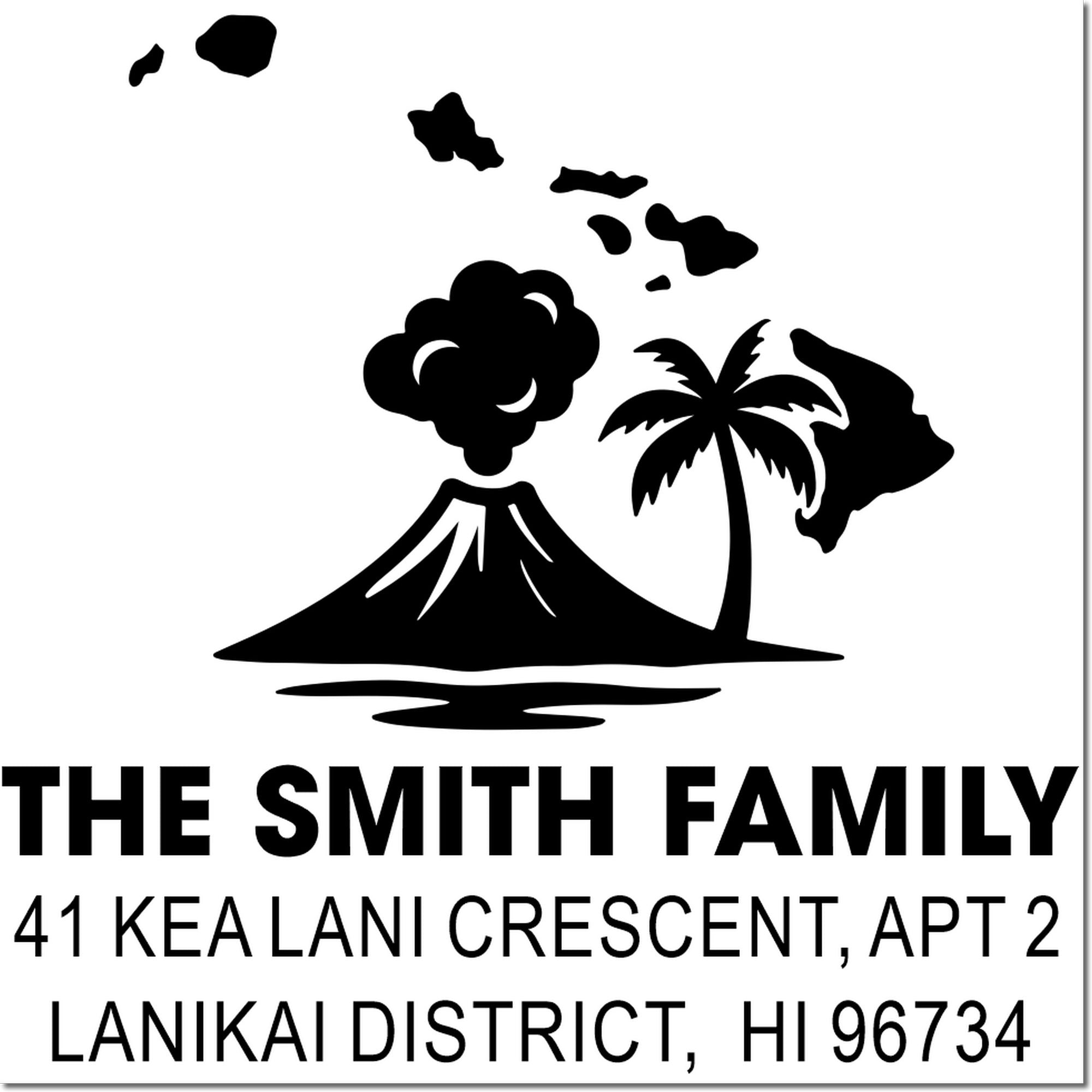 Custom Hawaii return address rubber stamp for The Smith Family with volcano, palm tree, and island silhouette.