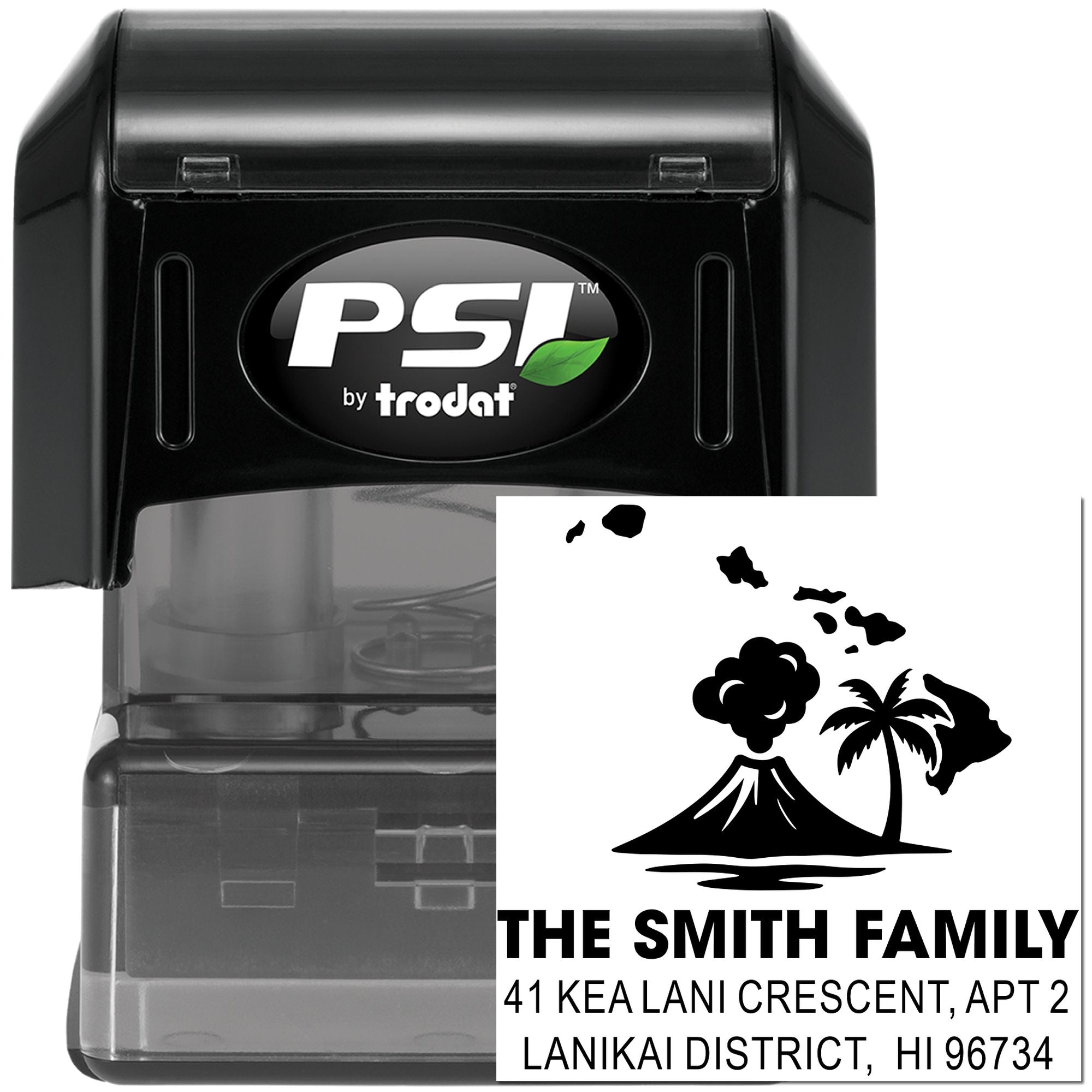Custom self-inking Hawaii return address rubber stamp with volcano and palm design for family mailings.