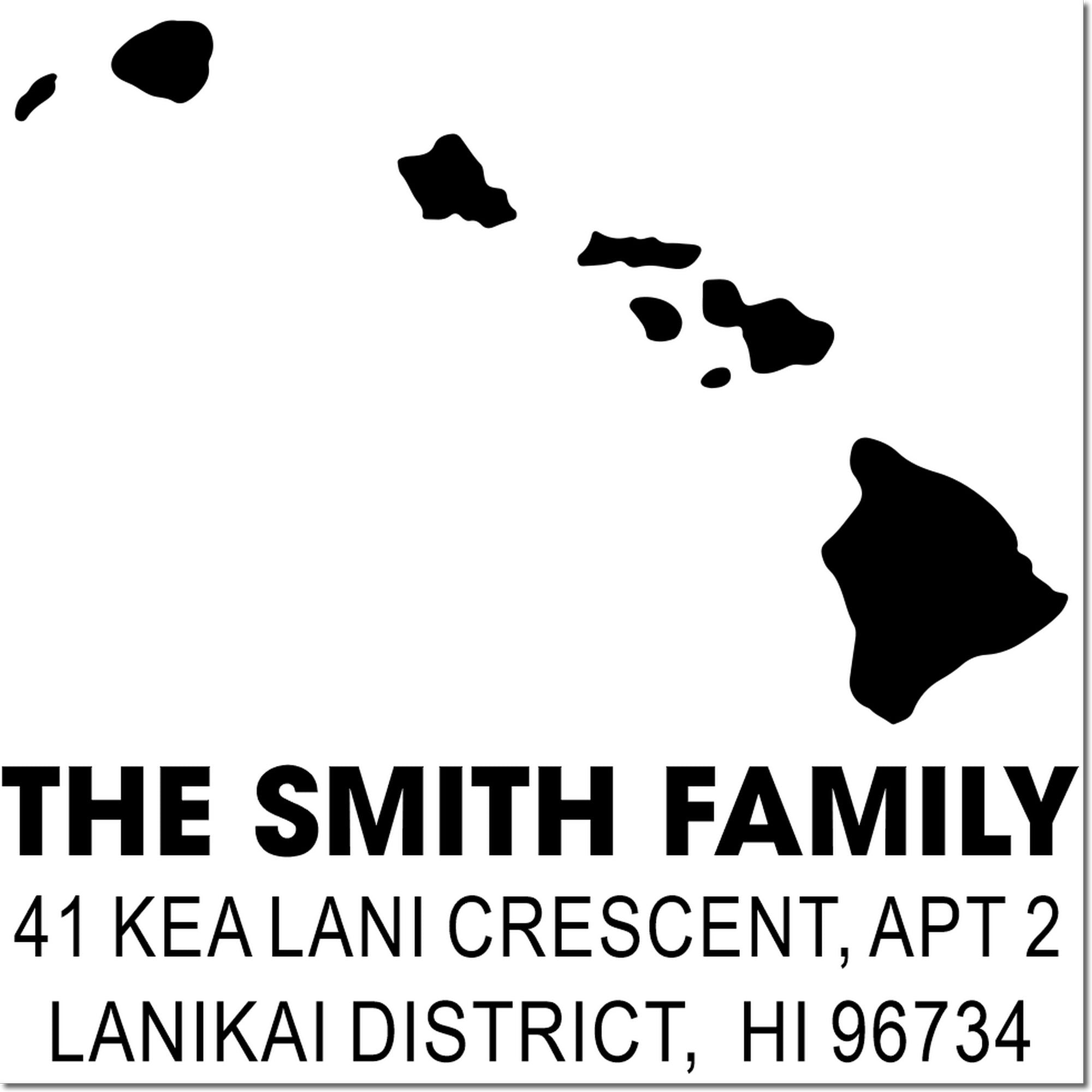 Custom Hawaii address rubber stamp with state outline, personalized for The Smith Family in Lanikai, HI 96734