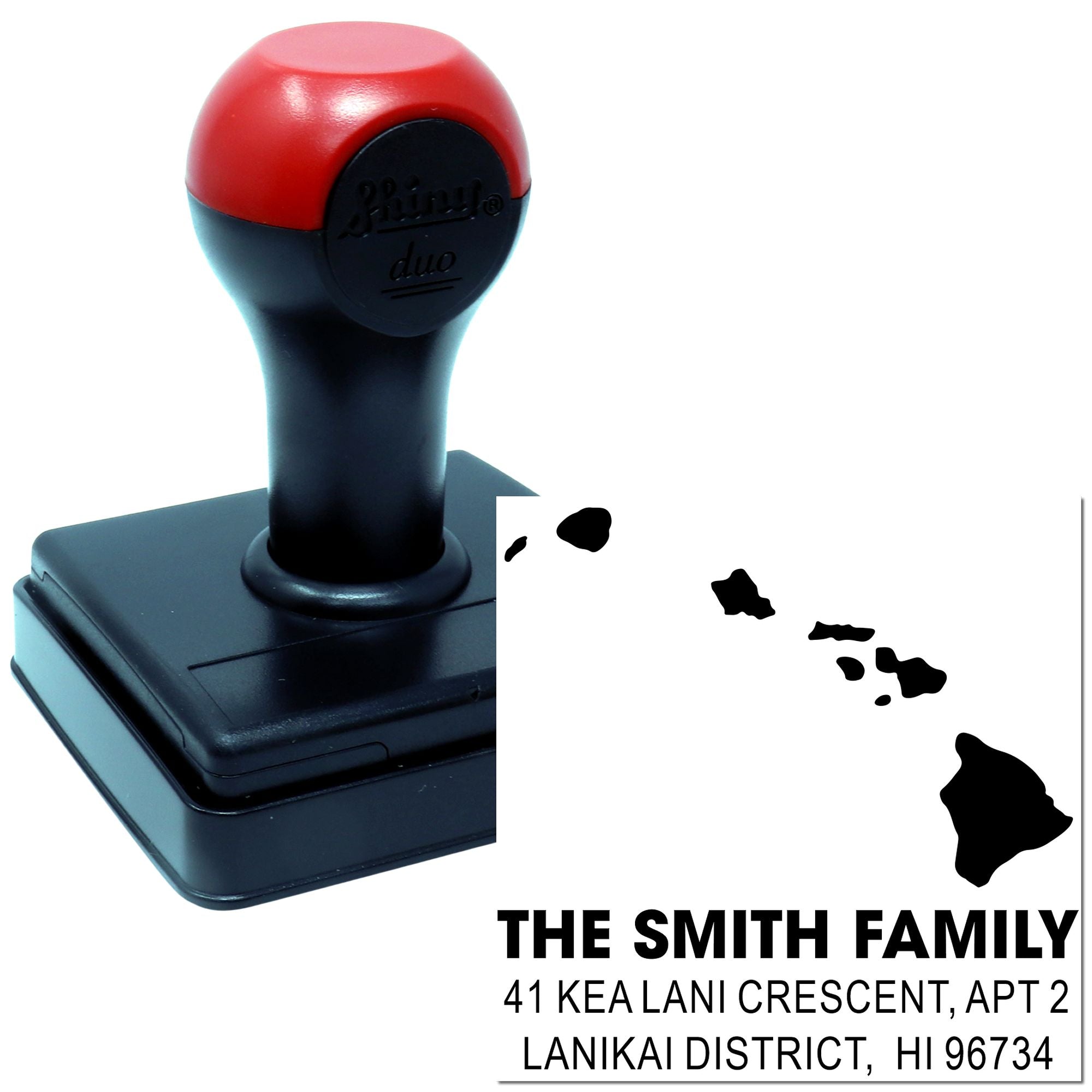 Custom self-inking rubber address stamp with Hawaii map, The Smith Family name, and mailing address.