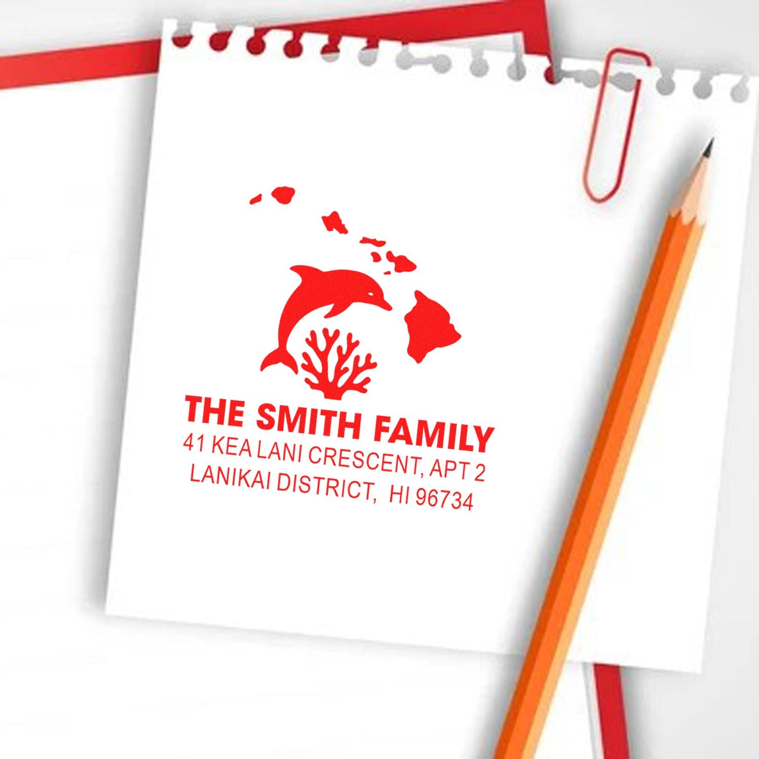 Custom return address rubber stamp with Hawaii dolphin design, The Smith Family, Lanikai District, HI 96734