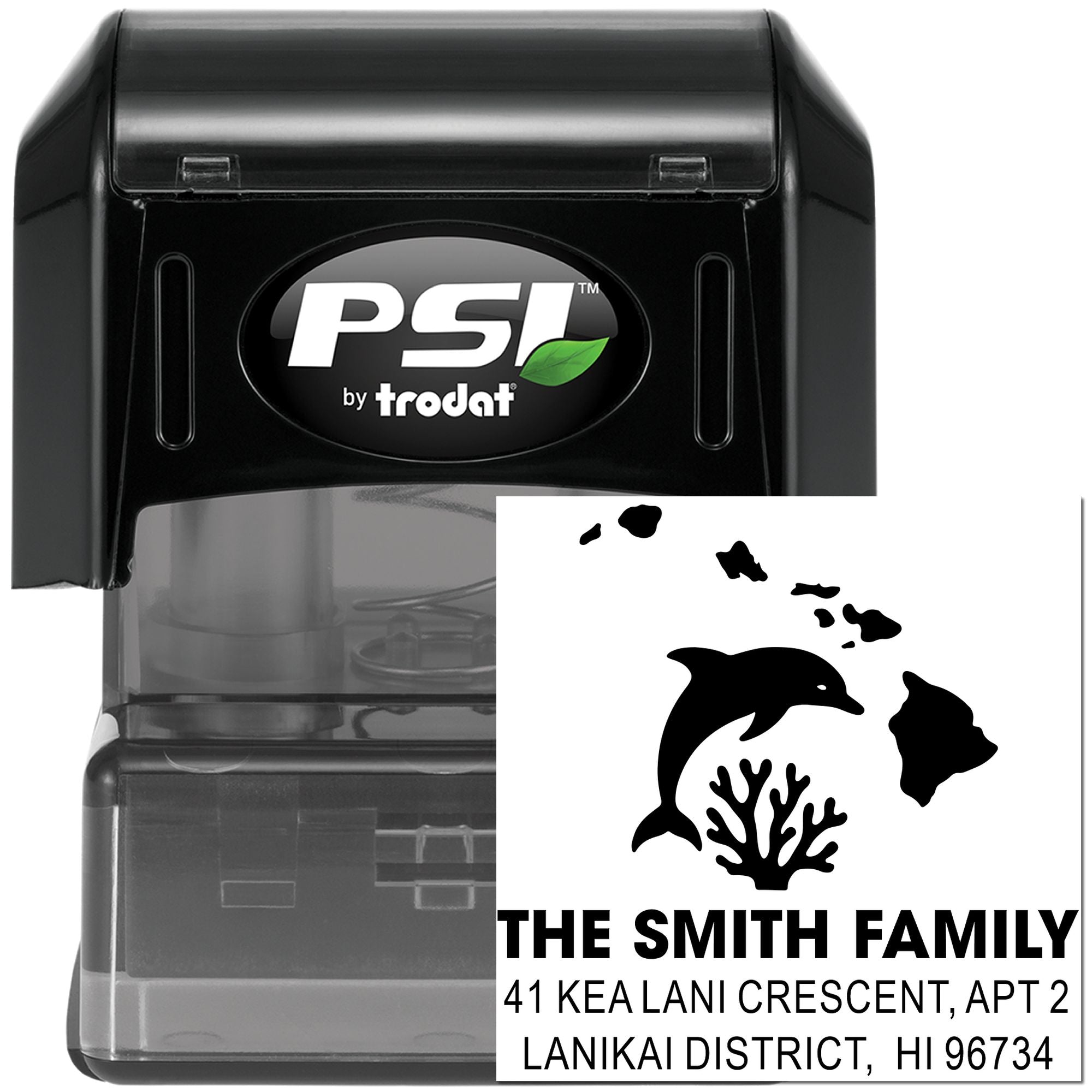 Self-inking rubber stamp with personalized return address design, dolphin motif, and Hawaii family mailing address.