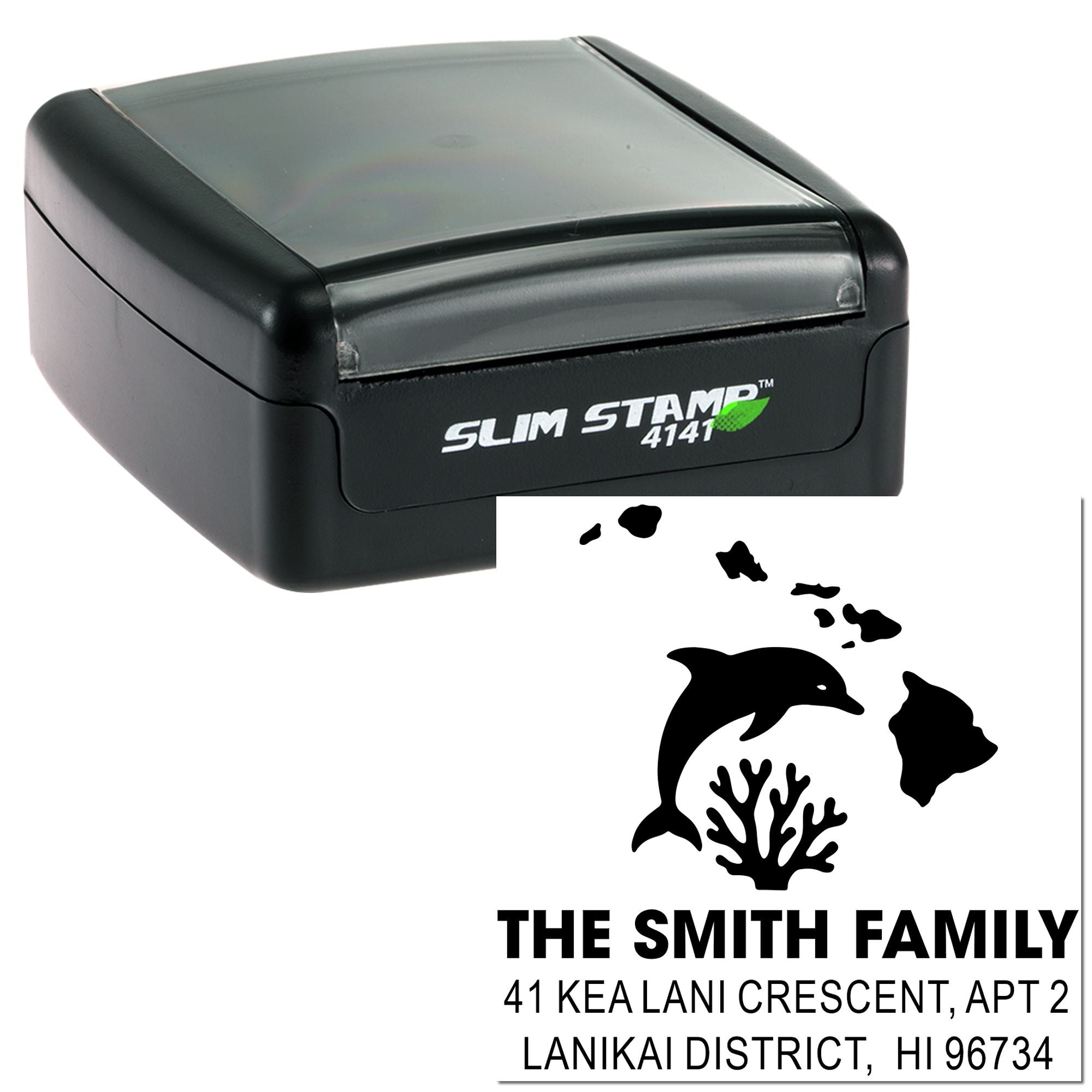 Custom slim rubber stamp for return address with dolphin and Hawaii family design.
