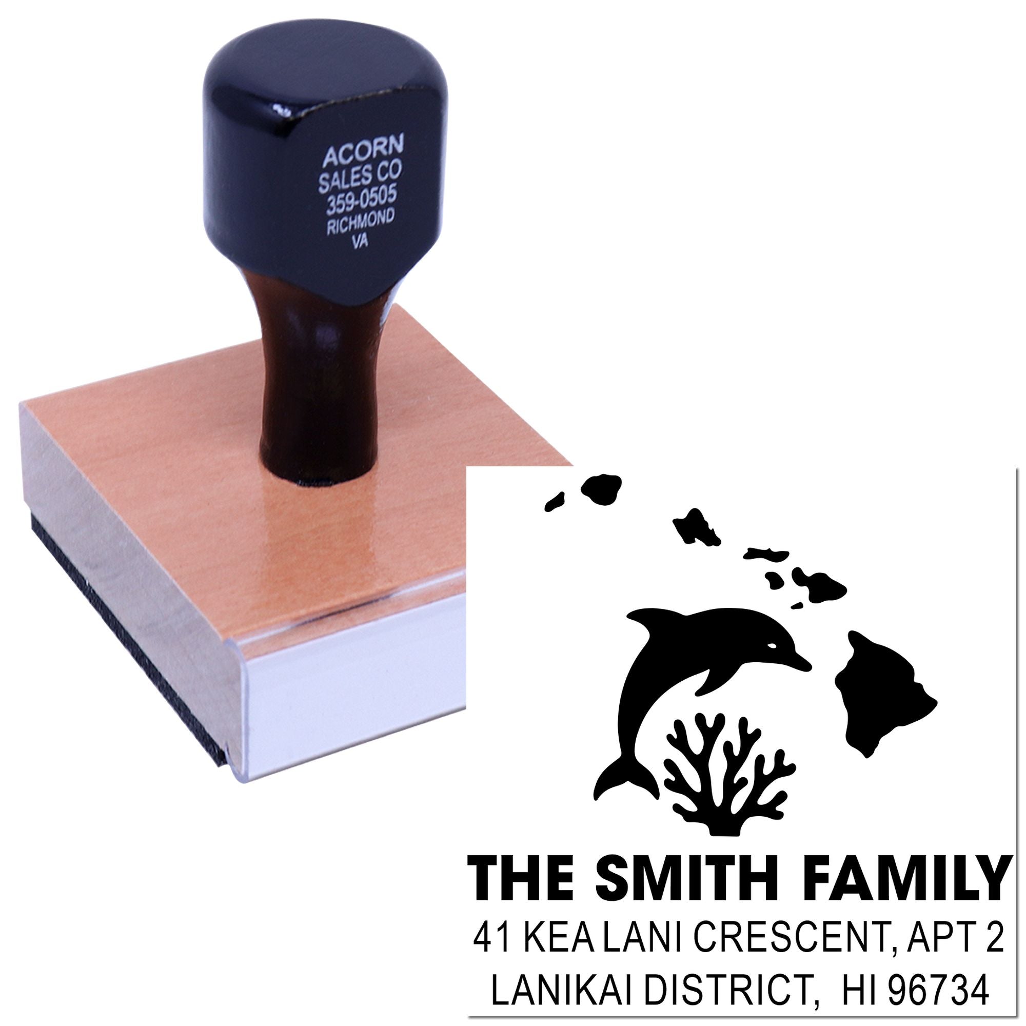Custom return address rubber stamp with dolphin family design, featuring Smith family address for personalized mail and cards.