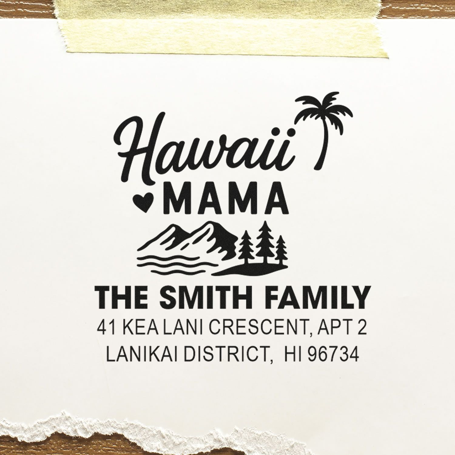 Custom Hawaii family return address stamp reading Hawaii Mama and The Smith Family with Lanikai, HI address.