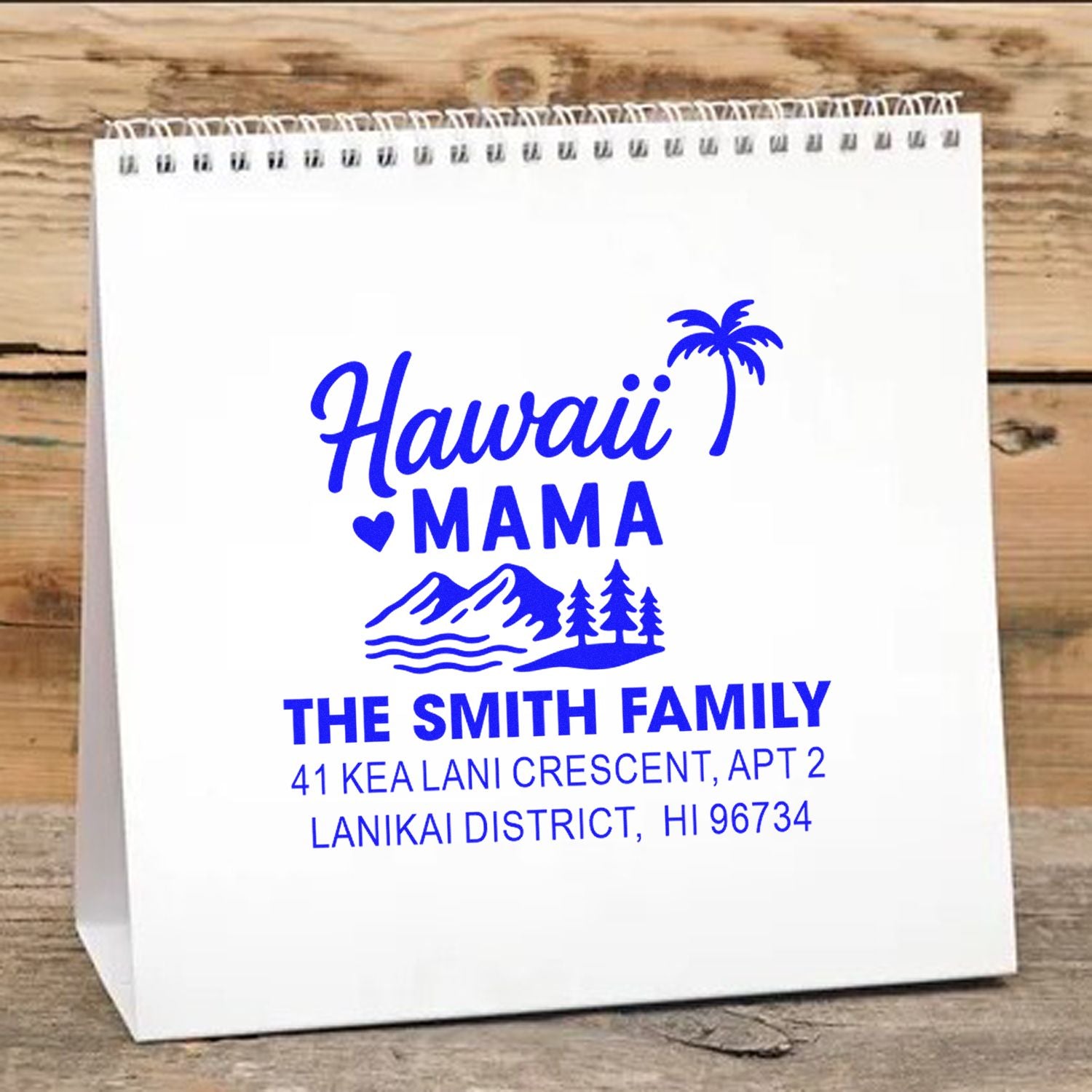 Custom Hawaii Mama rubber stamp with family name and address for personalized gift bags, stationery, and mailing.