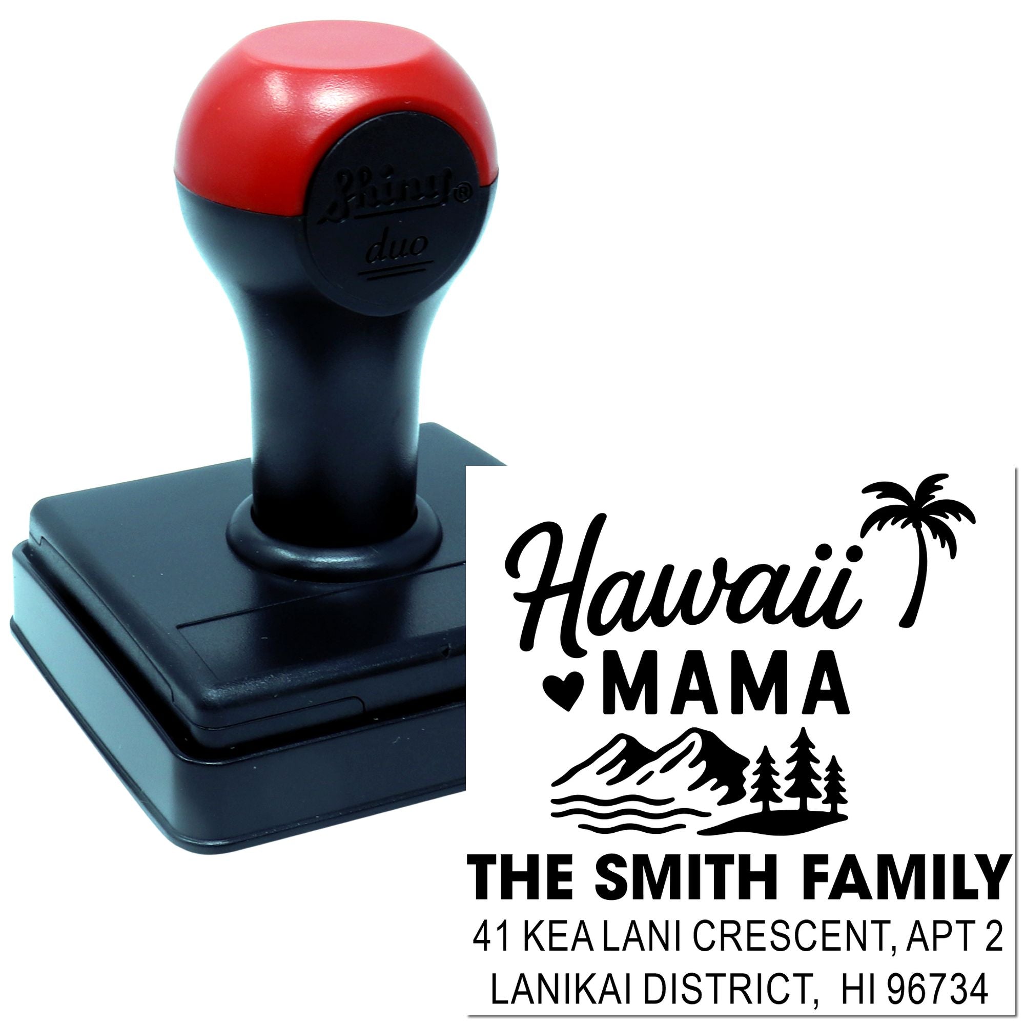 Custom rubber stamp with Hawaii Mama return address design for The Smith Family, perfect for personalized mailing.