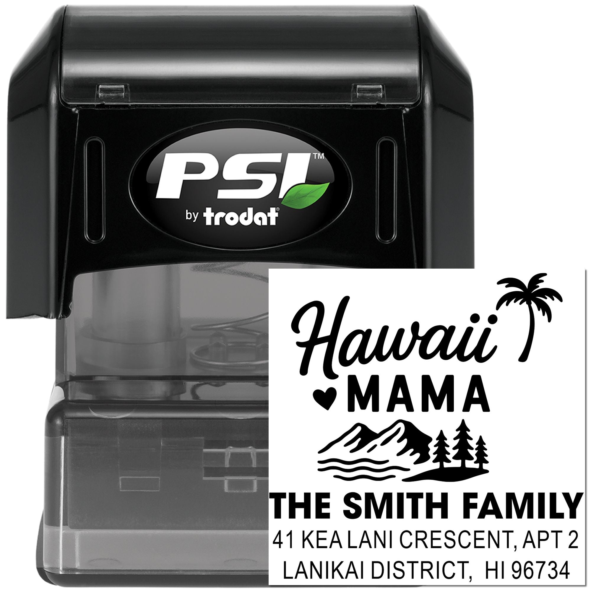 PSI by Trodat self-inking rubber stamp with custom Hawaii Mama family return address design