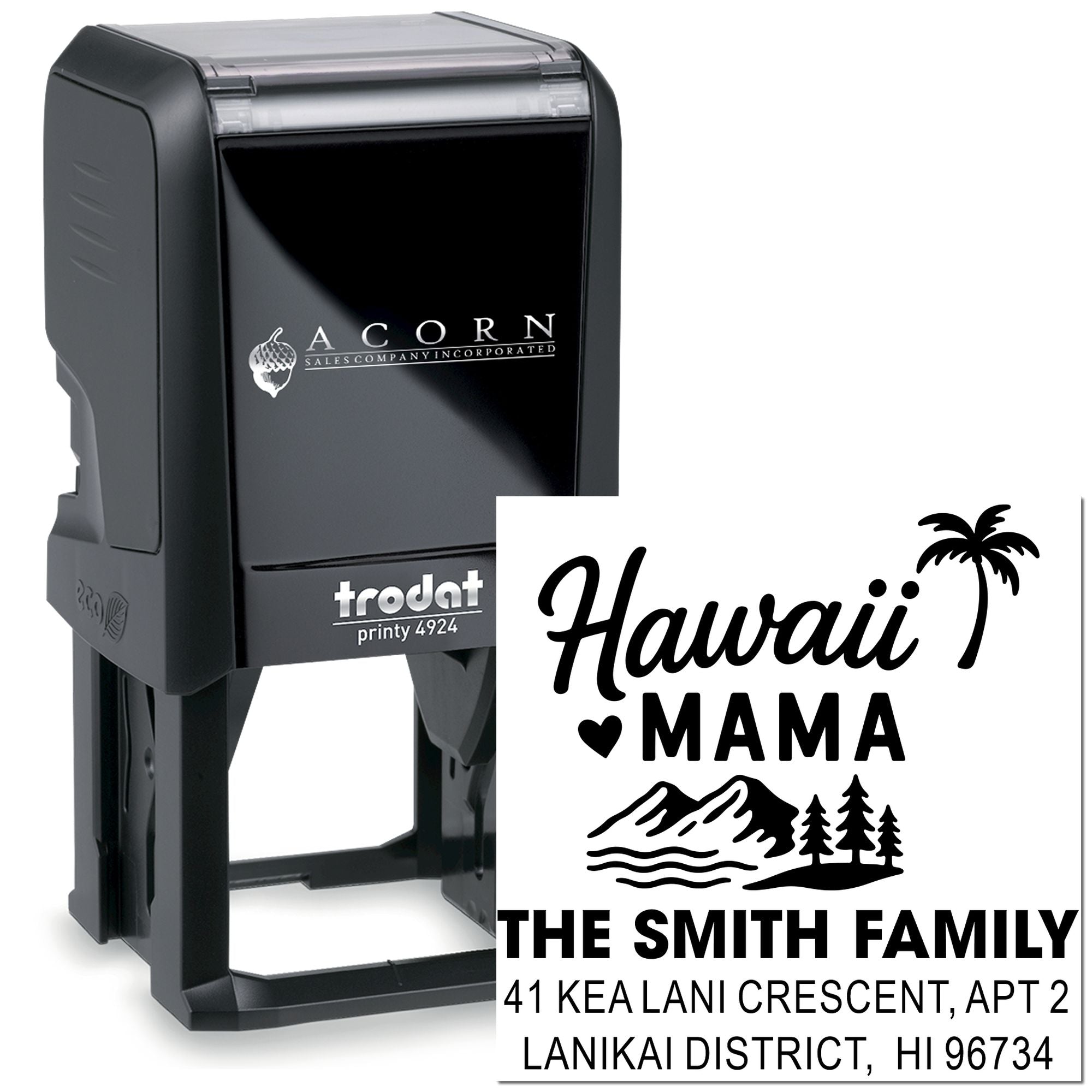 Custom self-inking rubber stamp for Hawaii Mama family return address, Trodat Printy 4924, ideal for mailing.