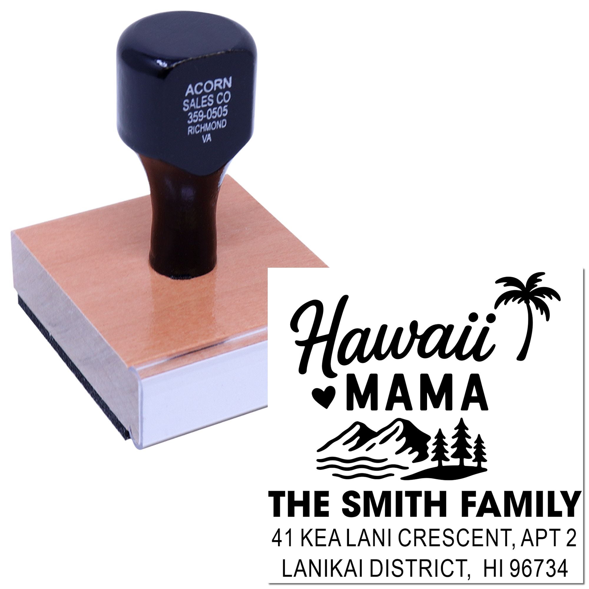 Custom rubber stamp sample showing Hawaii Mama family address stamp design for personalized mailing.