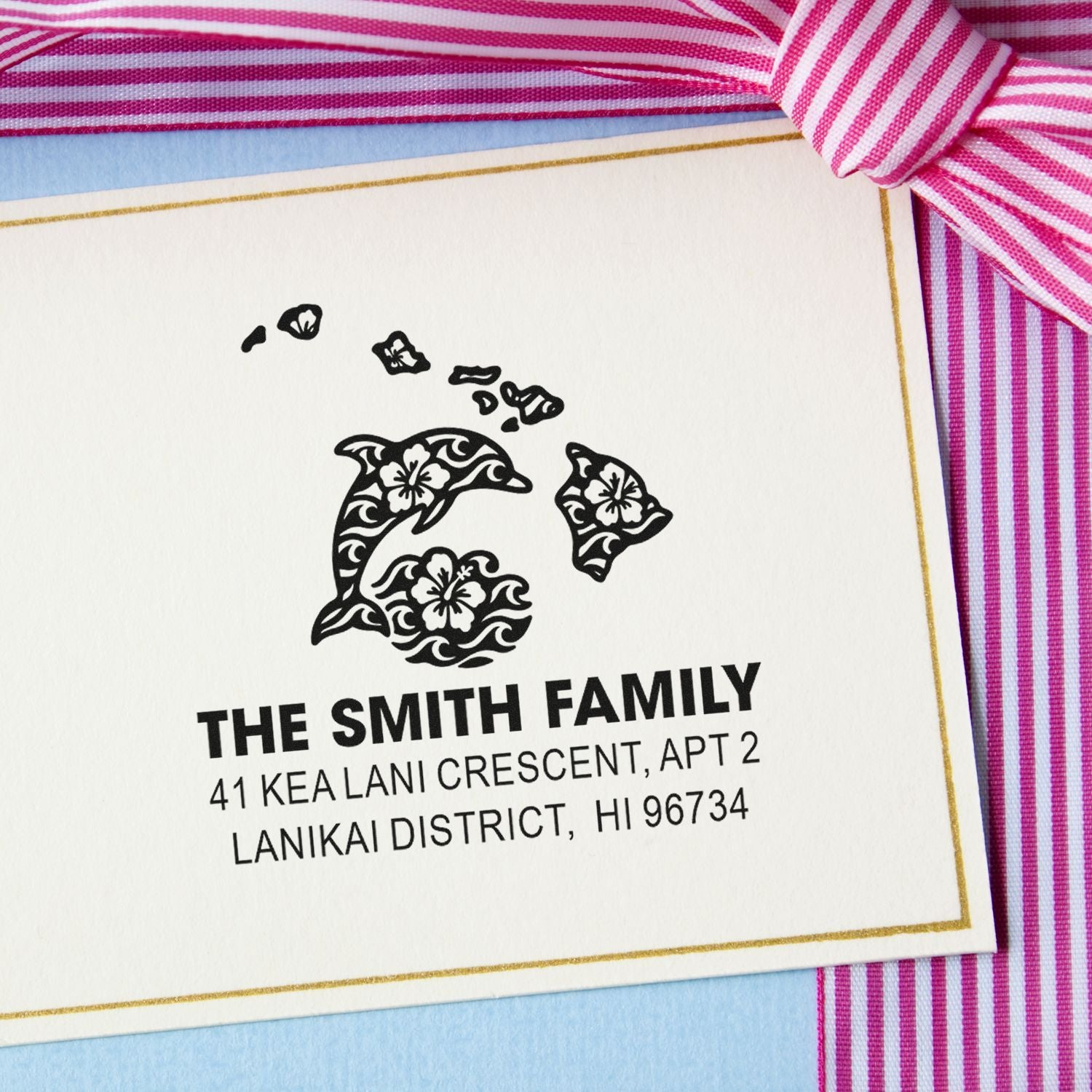 Hawaiian dolphin custom return address rubber stamp for personalized family stationery
