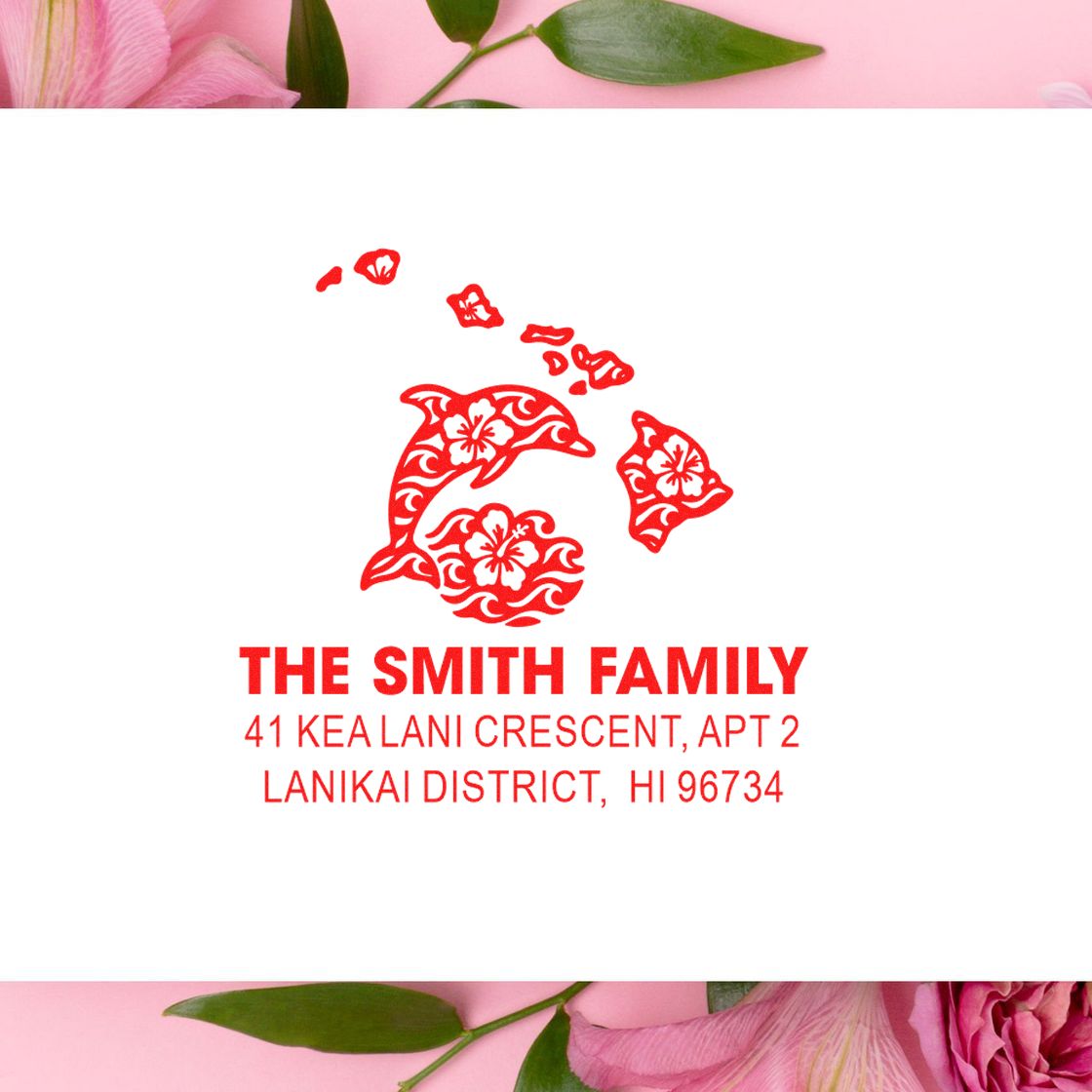 Custom return address rubber stamp with Hawaii dolphin floral design for The Smith Family.