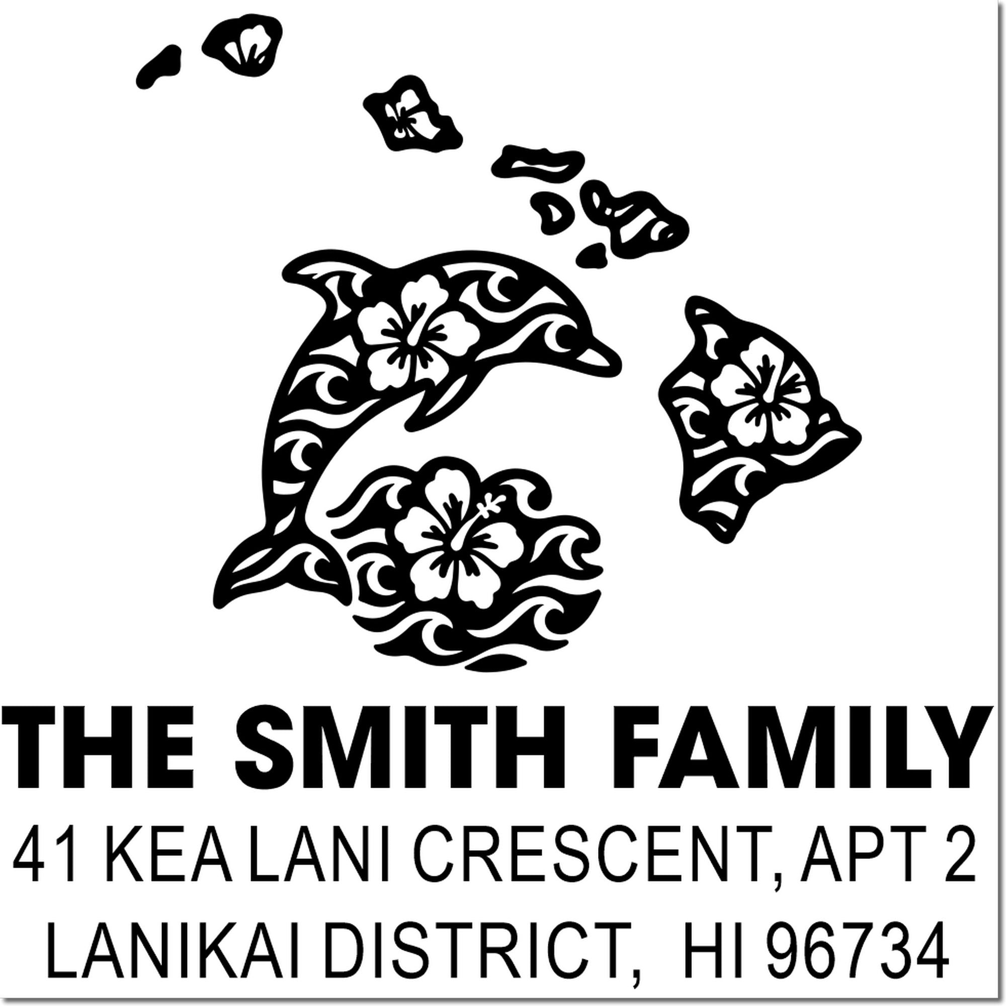 Custom rubber stamp with dolphin family design and return address for The Smith Family, Lanikai District, HI 96734