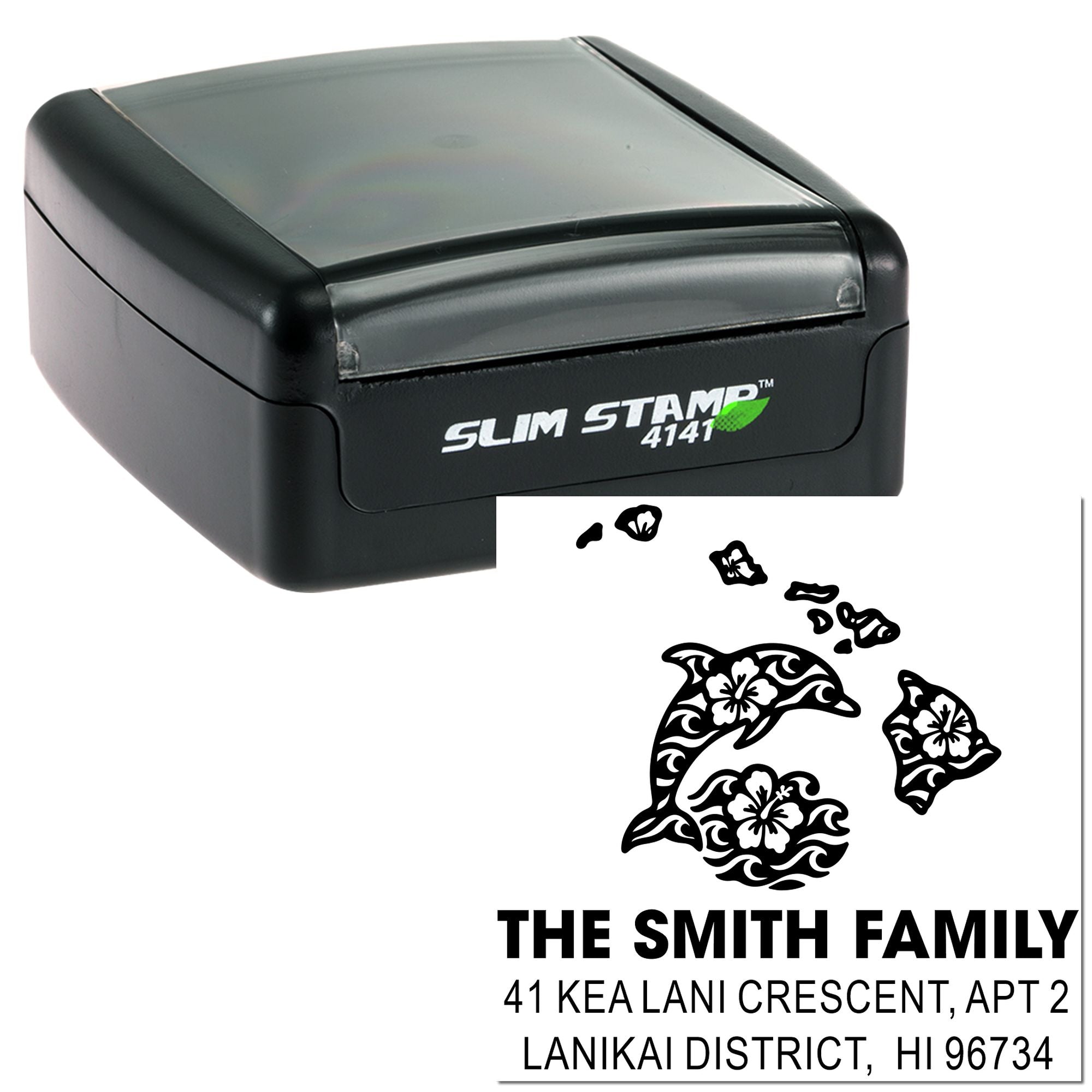 Custom Slim Stamp 4141 self-inking rubber stamp with dolphin design and Smith family return address for envelopes