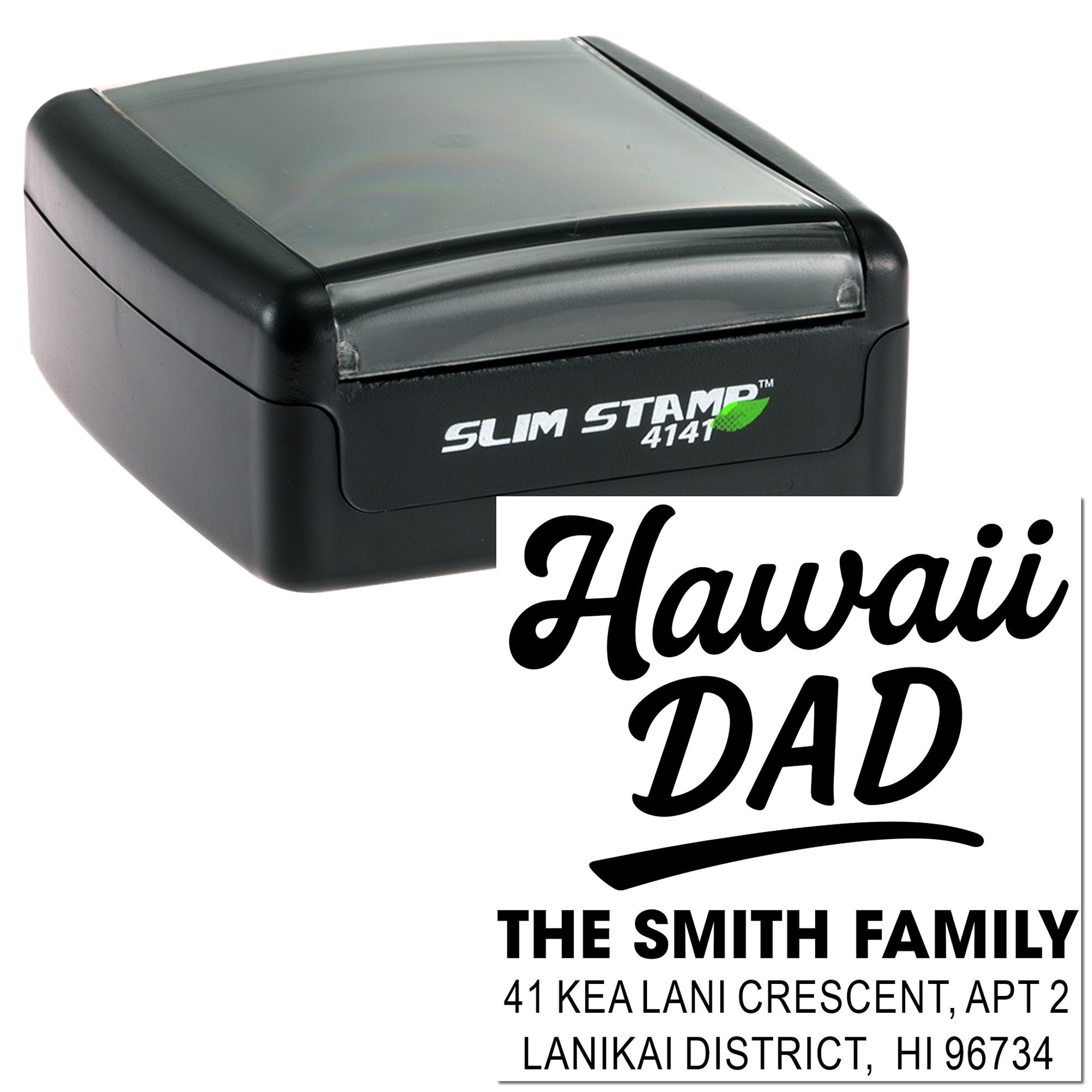 Custom Hawaii Dad self-inking rubber stamp with family return address for personalized envelopes and mail.