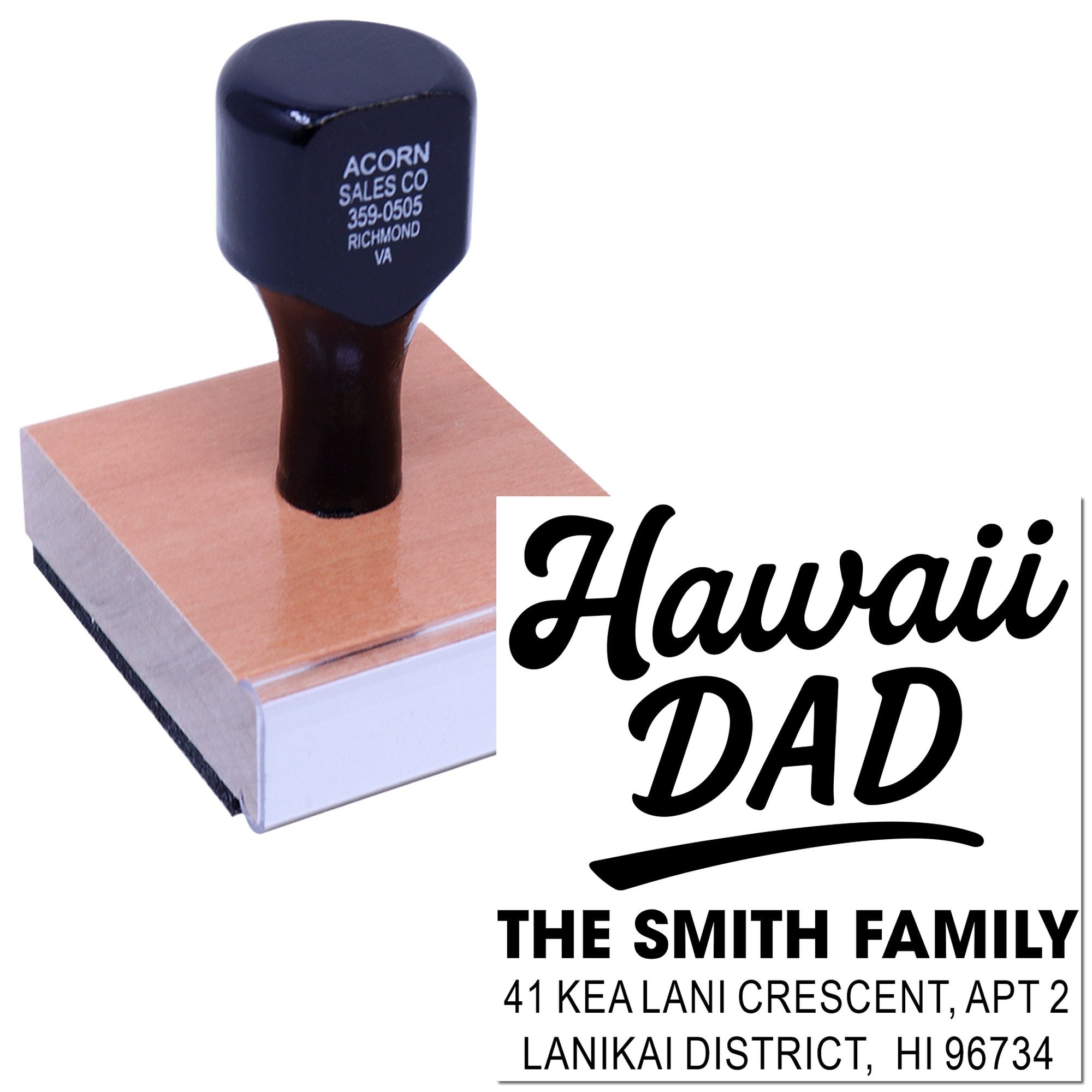 Custom Hawaii Dad rubber stamp with family name and address for personalized mailing and gifts.