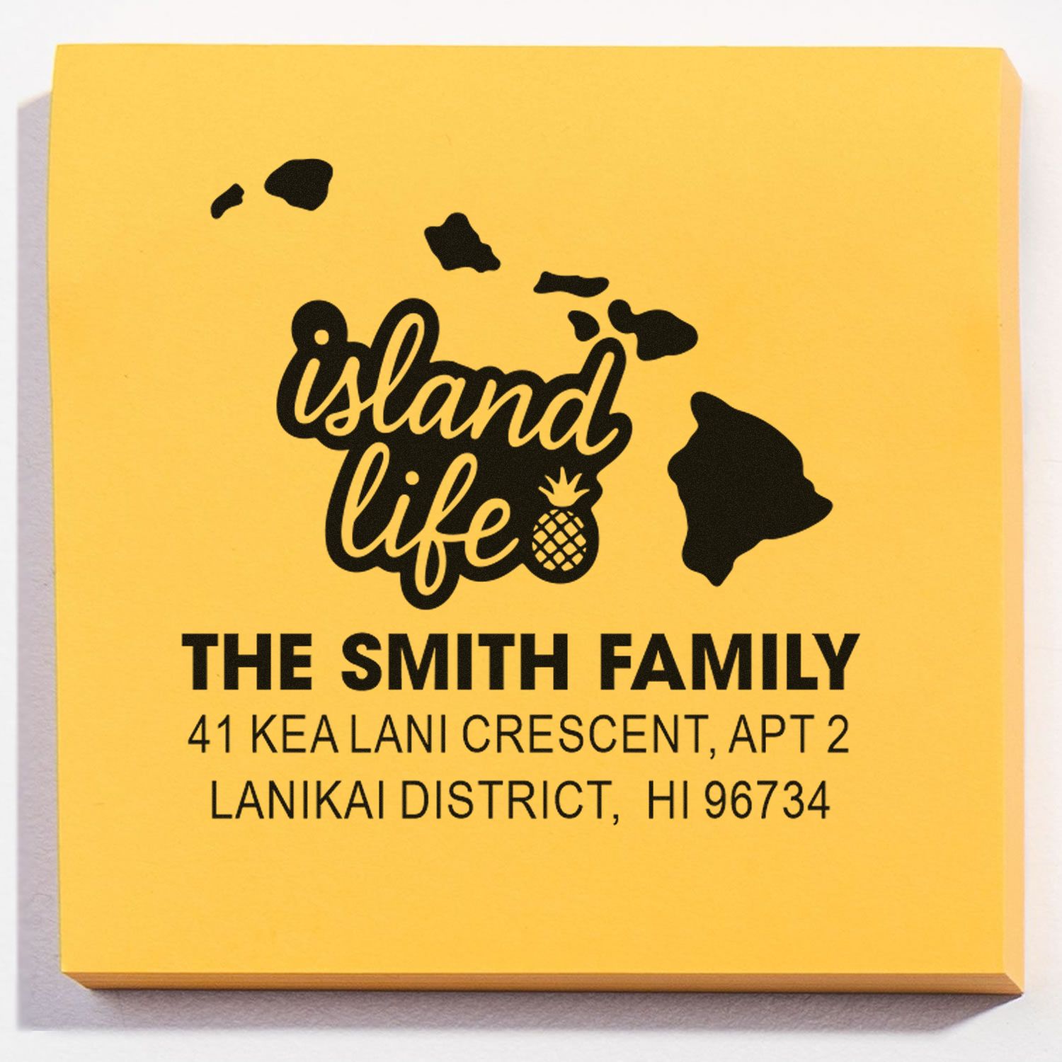 Custom Hawaii return address rubber stamp for The Smith Family with island life design and Lanikai District address.