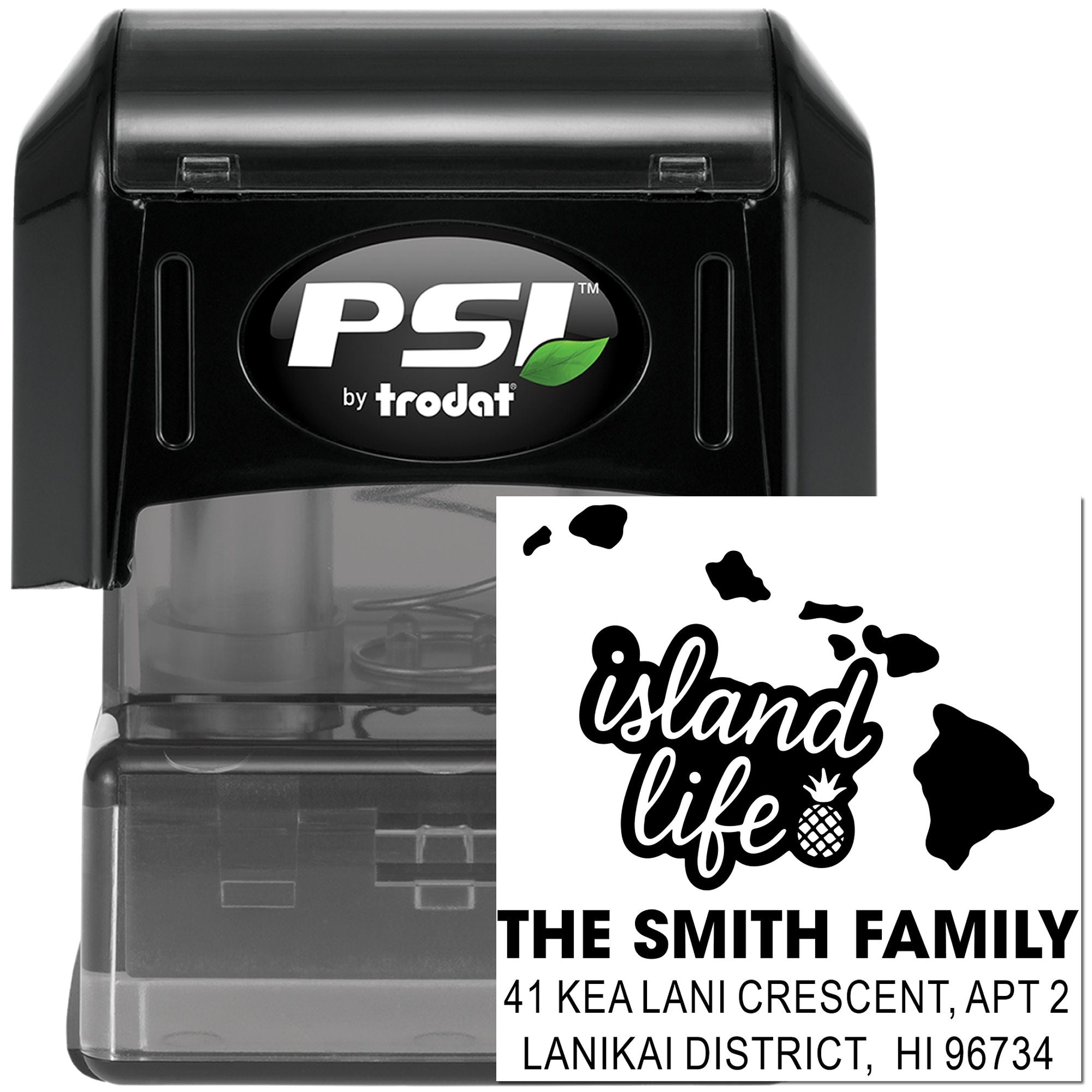 PSI by Trodat self-inking rubber address stamp with island life design for The Smith Family in Lanikai District, HI.
