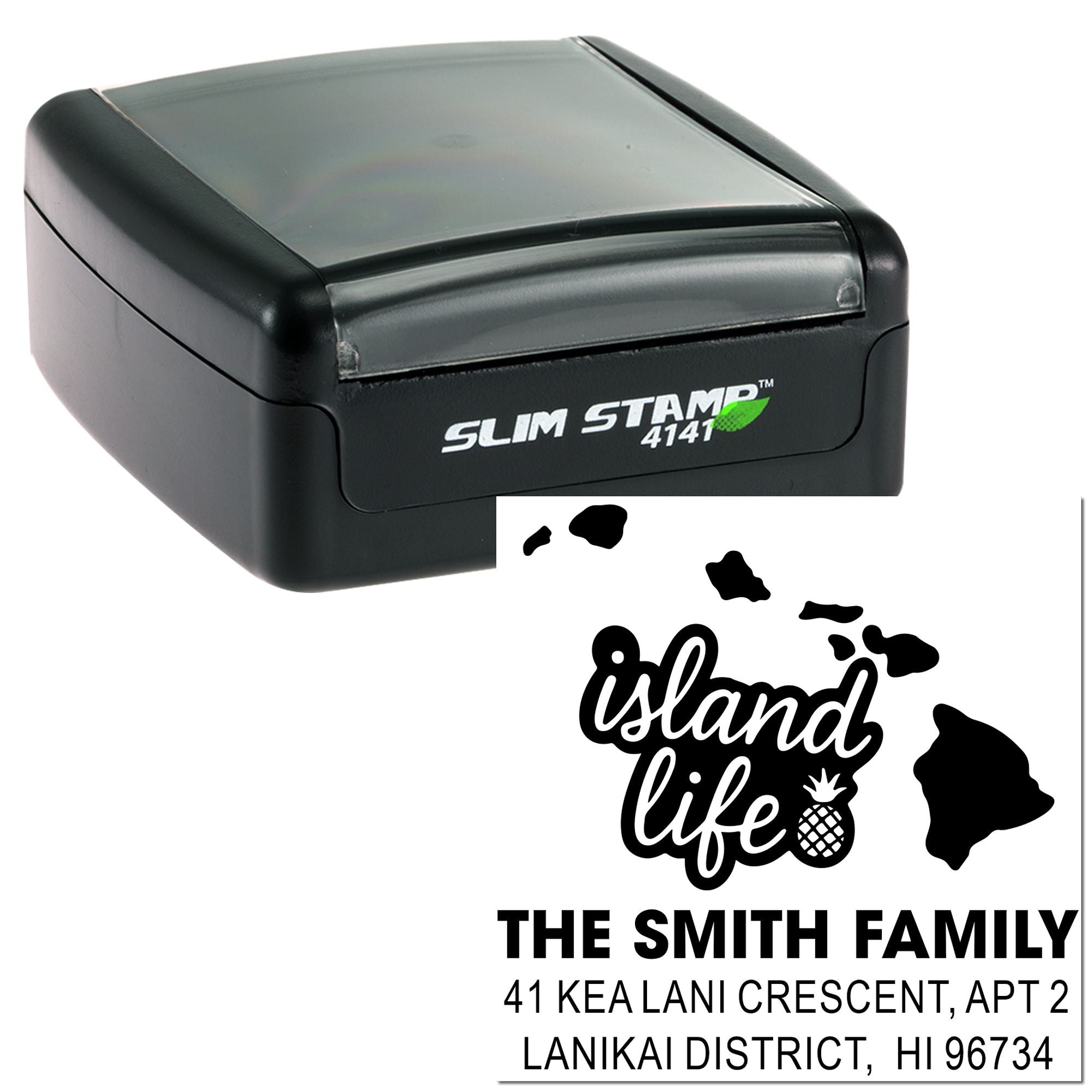 Slim self-inking custom return address rubber stamp with Hawaii island life design for The Smith Family.