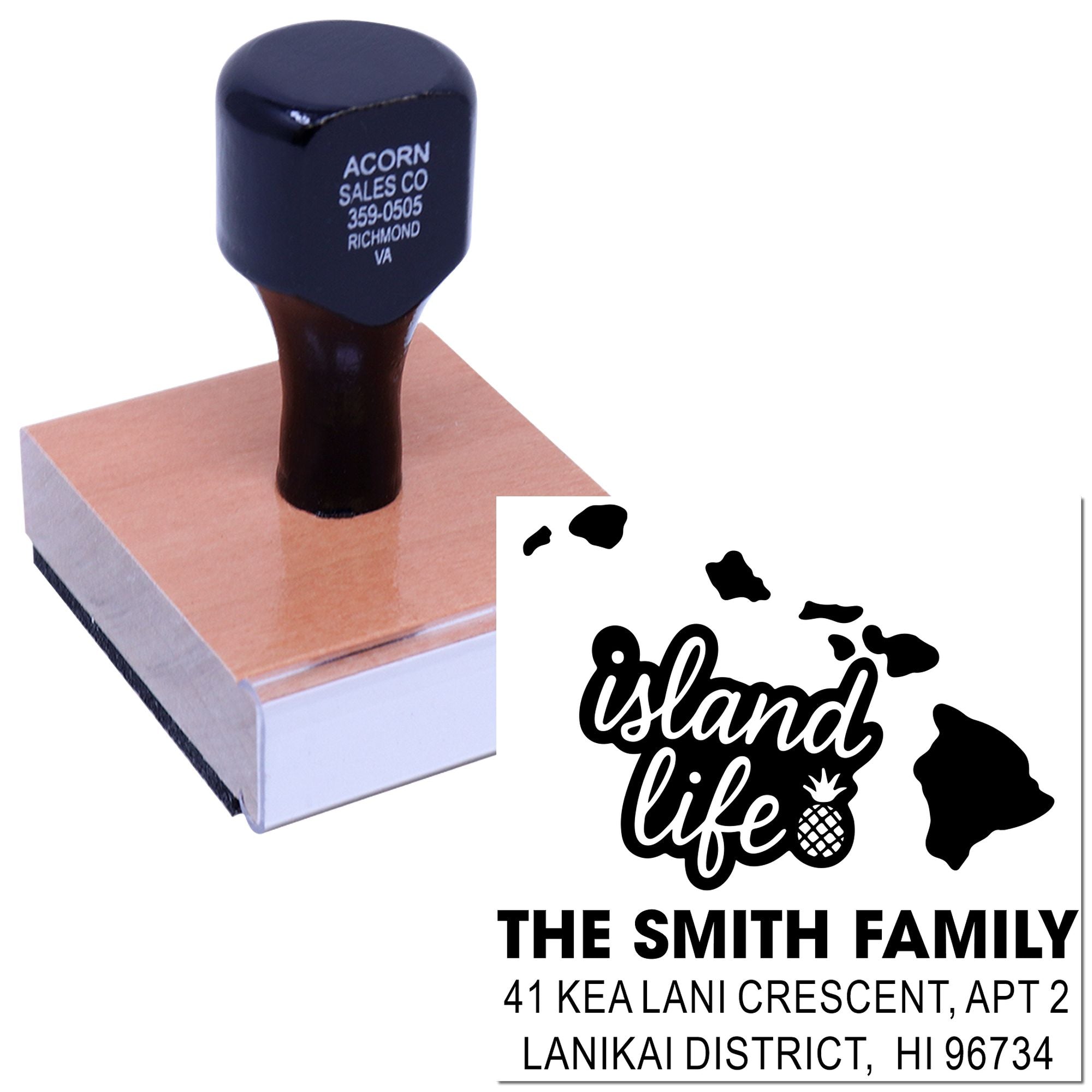 Custom rubber stamp for Hawaii family address labels with Island Life design and The Smith Family text.